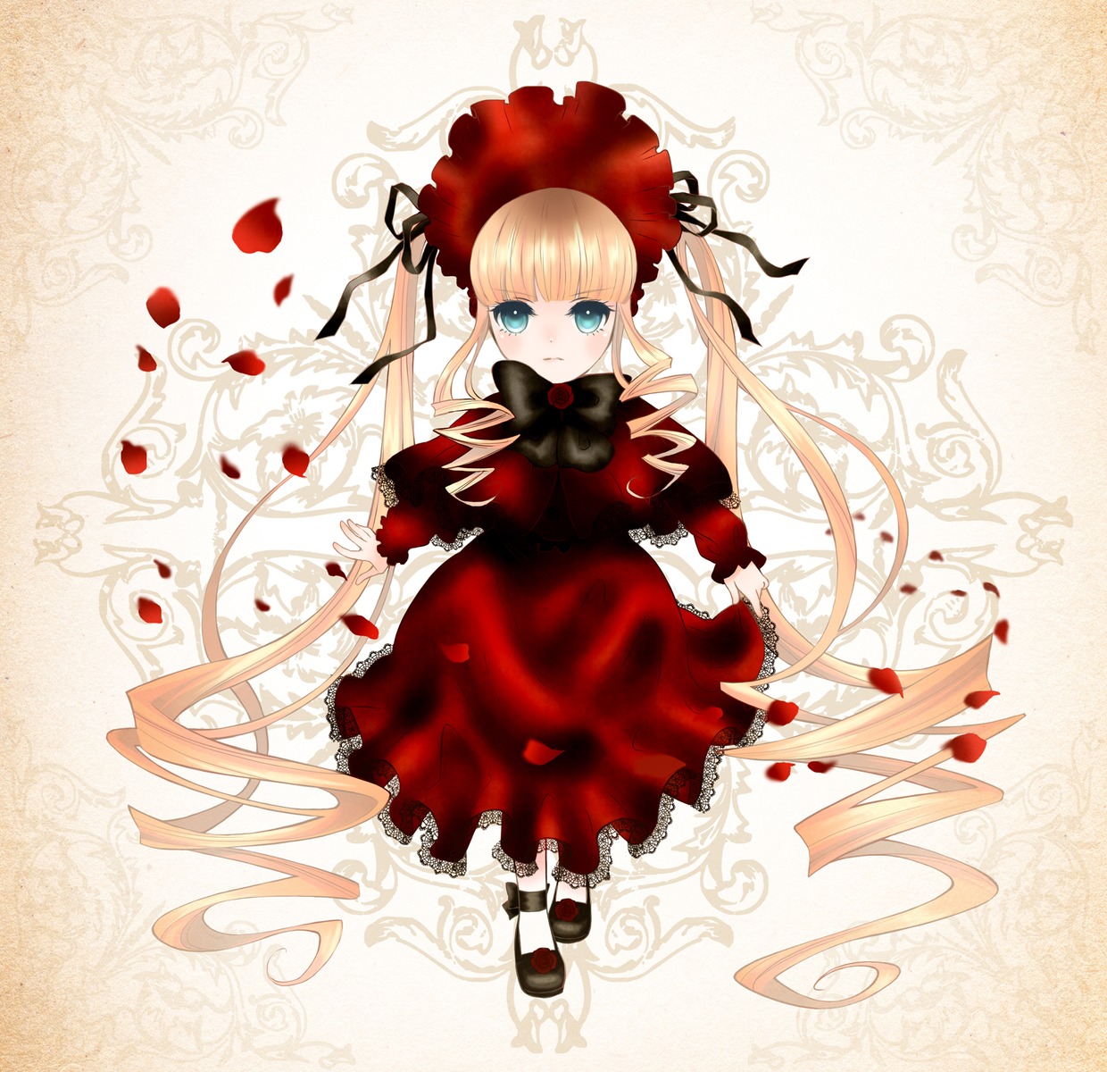 1girl blonde_hair blue_eyes bonnet bow bowtie dress flower full_body image long_hair long_sleeves looking_at_viewer petals red_dress rose shinku shoes solo twintails very_long_hair white_legwear