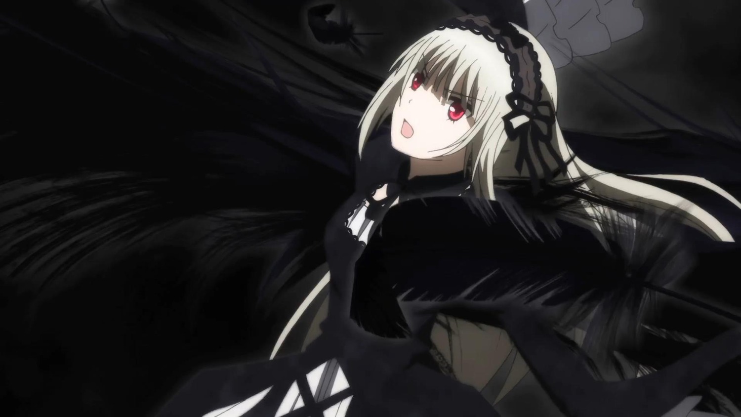 1girl auto_tagged black_dress black_ribbon black_wings dress hairband image long_hair long_sleeves looking_at_viewer open_mouth red_eyes ribbon silver_hair solo suigintou very_long_hair wings