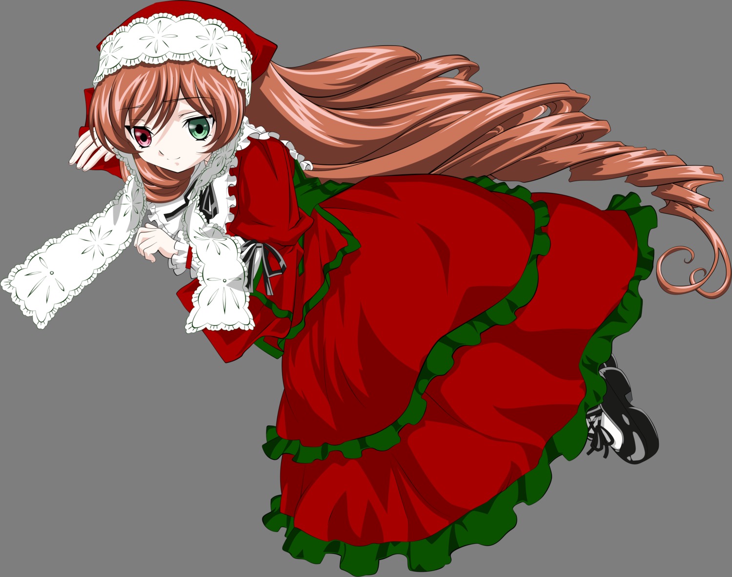 1girl brown_hair dress drill_hair frills full_body green_eyes heterochromia image long_hair long_sleeves looking_at_viewer red_eyes ribbon shoes solo style_parody suiseiseki transparent_background very_long_hair white_legwear