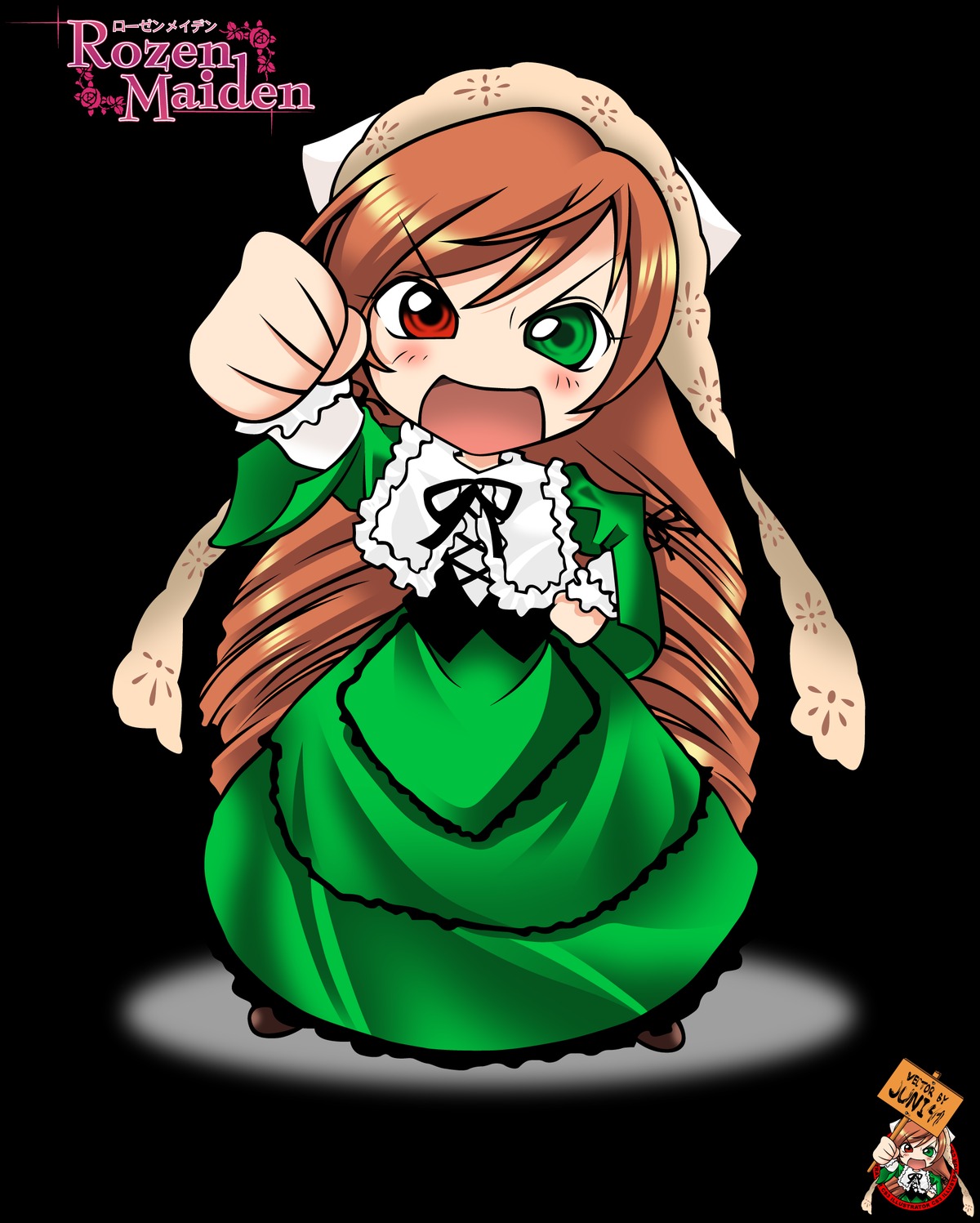 1girl :d brown_hair chibi dress drill_hair frills full_body green_dress green_eyes heterochromia image long_hair long_sleeves looking_at_viewer open_mouth red_eyes smile solo suiseiseki very_long_hair