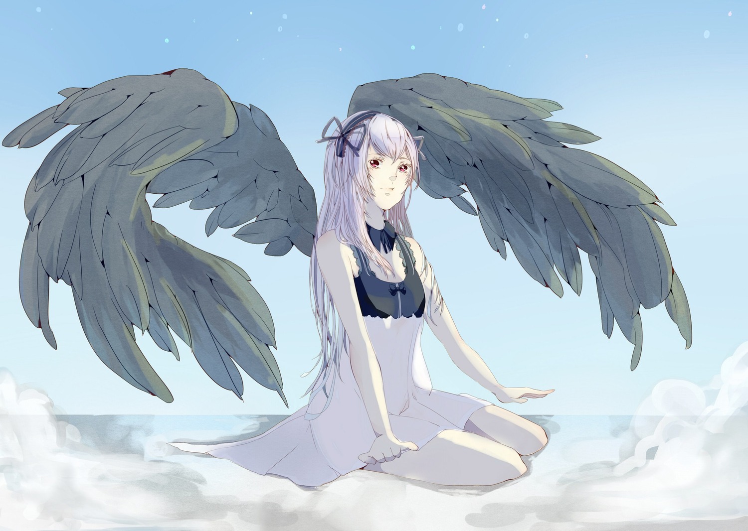 1girl bare_shoulders breasts day dress feathered_wings feathers image long_hair red_eyes ribbon silver_hair sitting sky sleeveless solo suigintou wings