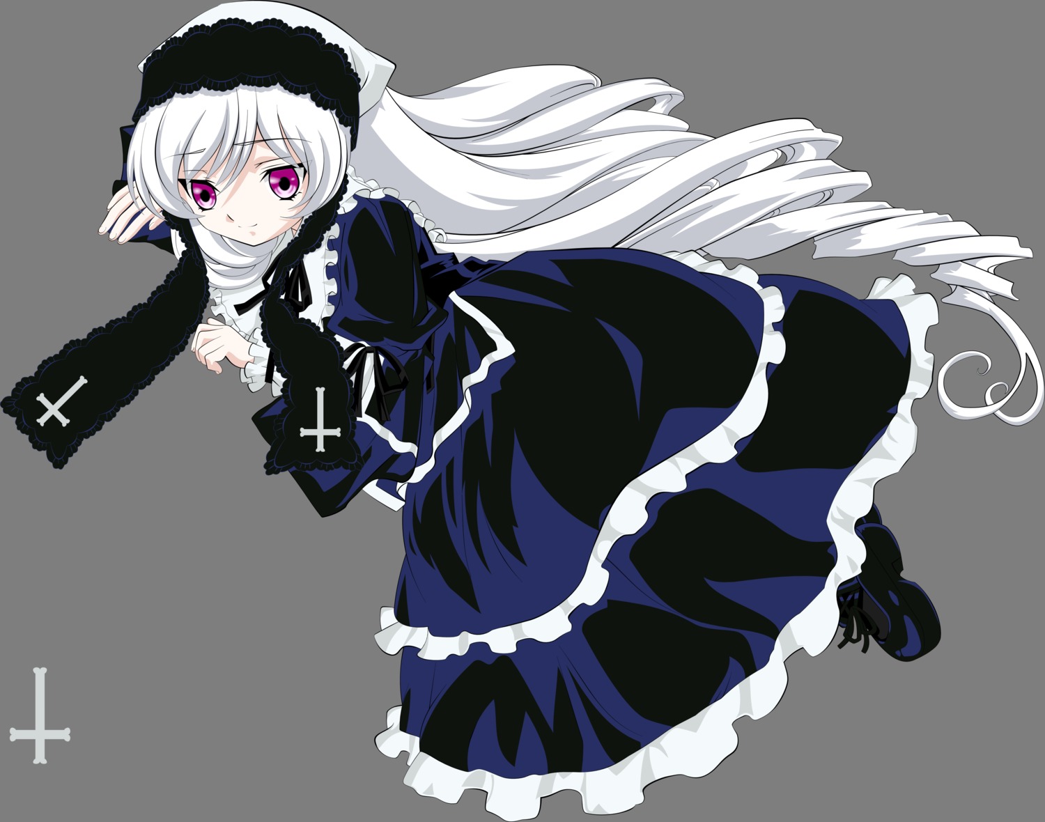 1girl boots costume_switch cross dress frills full_body hairband image long_hair long_sleeves looking_at_viewer pink_eyes purple_eyes solo striped striped_background suigintou vertical_stripes very_long_hair white_hair