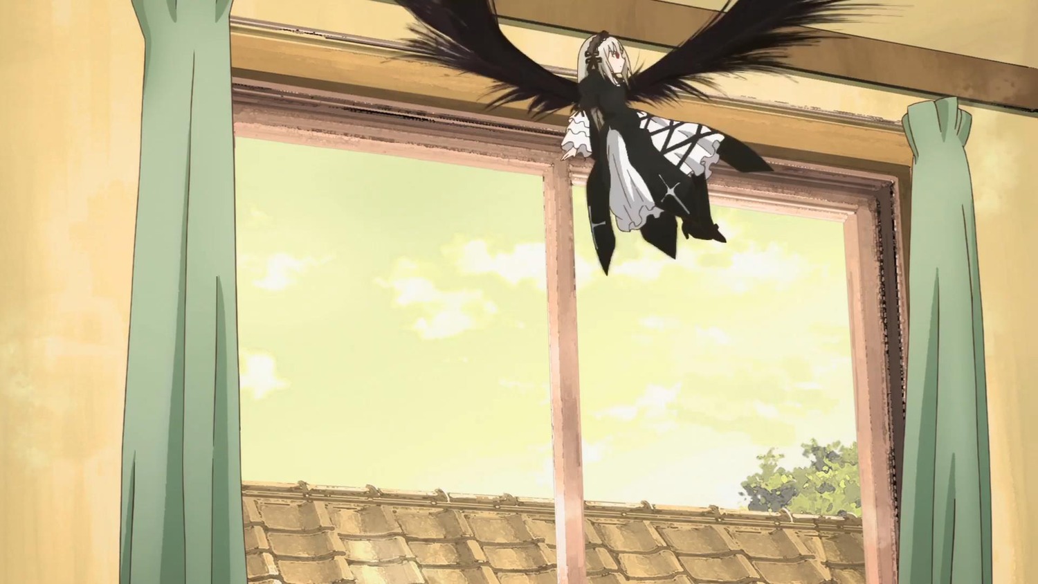 1girl bird_wings black_wings curtains feathered_wings image long_hair sky solo suigintou window wings