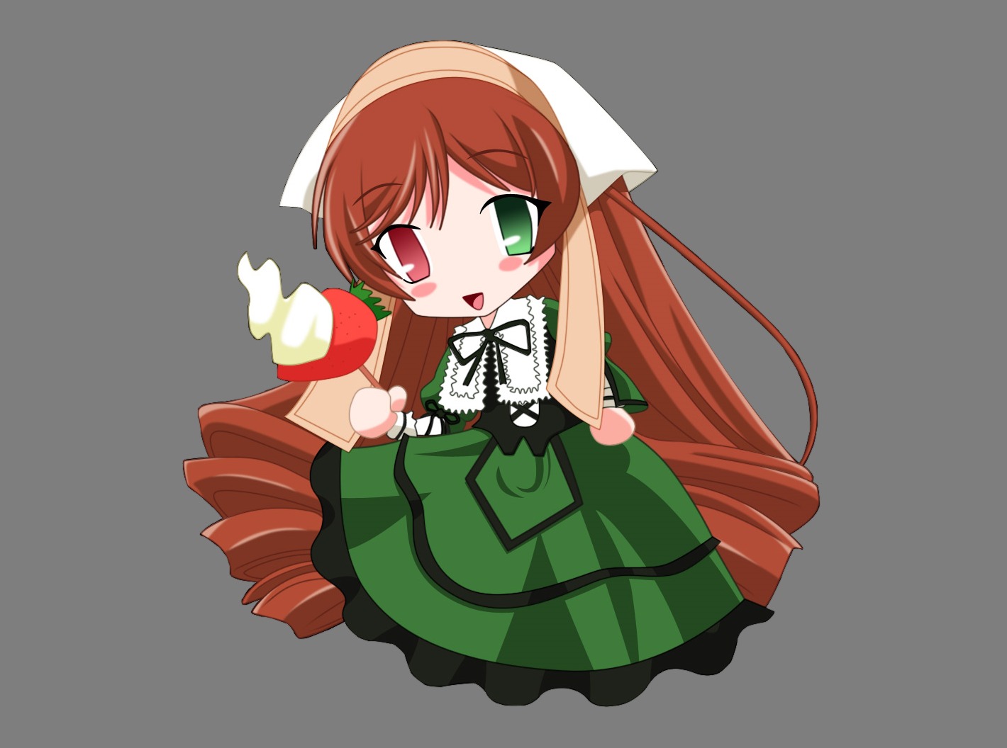 1girl brown_hair chibi dress drill_hair food full_body green_dress green_eyes heterochromia image long_hair looking_at_viewer open_mouth red_eyes solo suiseiseki transparent_background very_long_hair