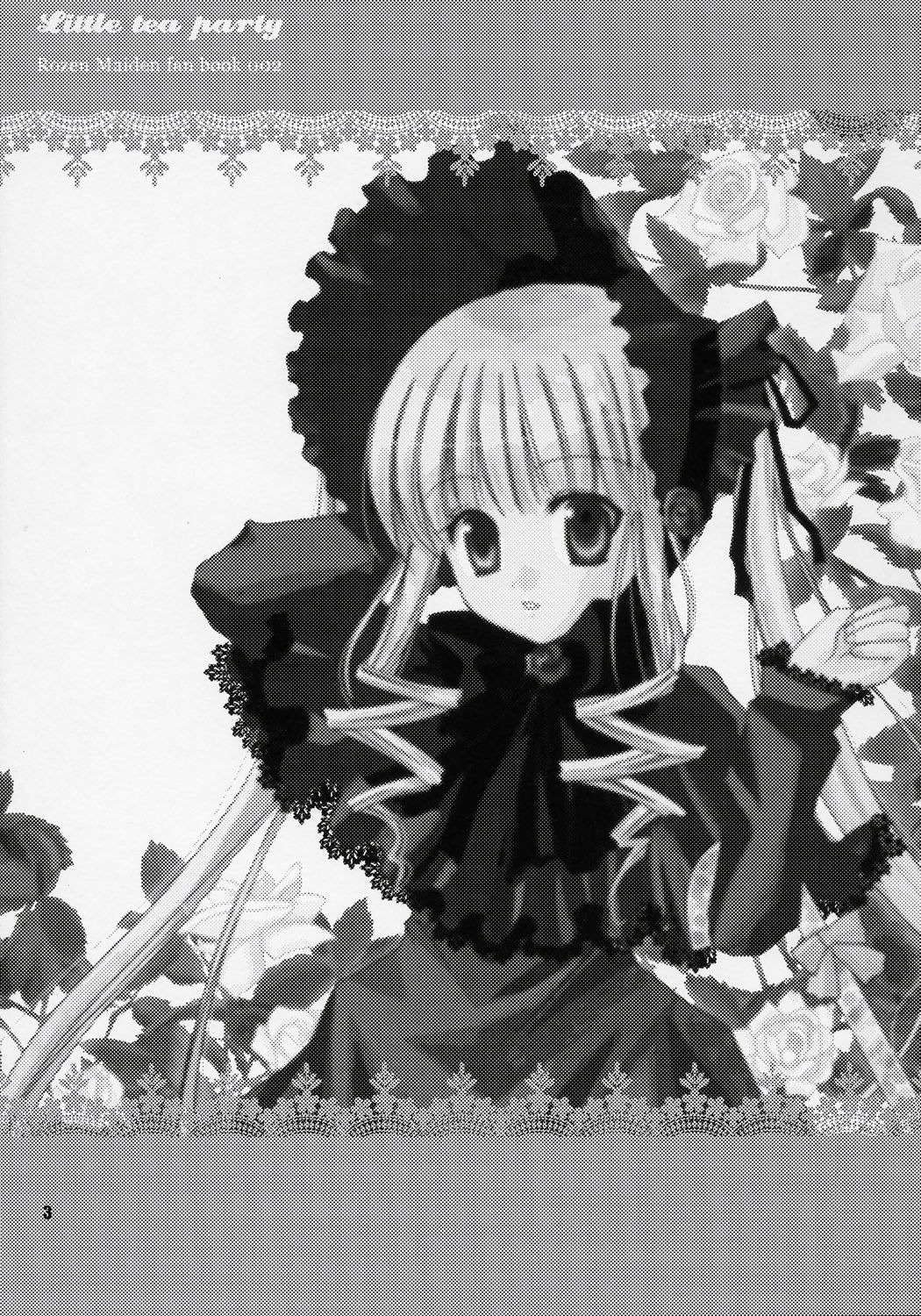 1girl dress flower greyscale image long_hair long_sleeves looking_at_viewer monochrome rose shinku solo twintails umbrella