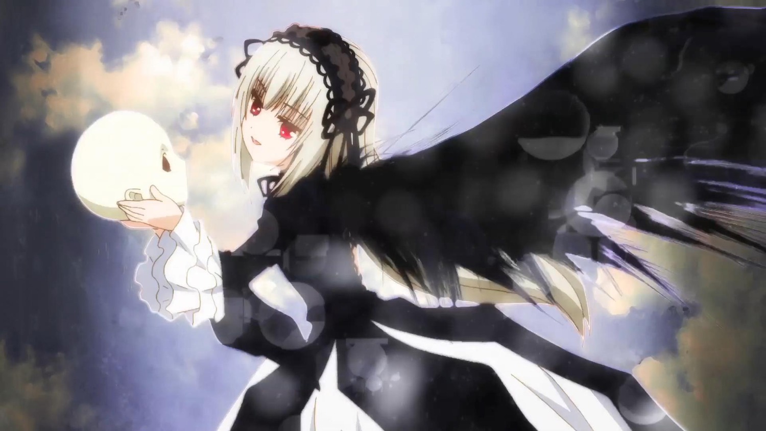 1girl bangs black_wings cloud dress frills hairband image lolita_hairband long_sleeves looking_at_viewer red_eyes silver_hair sky solo suigintou wings