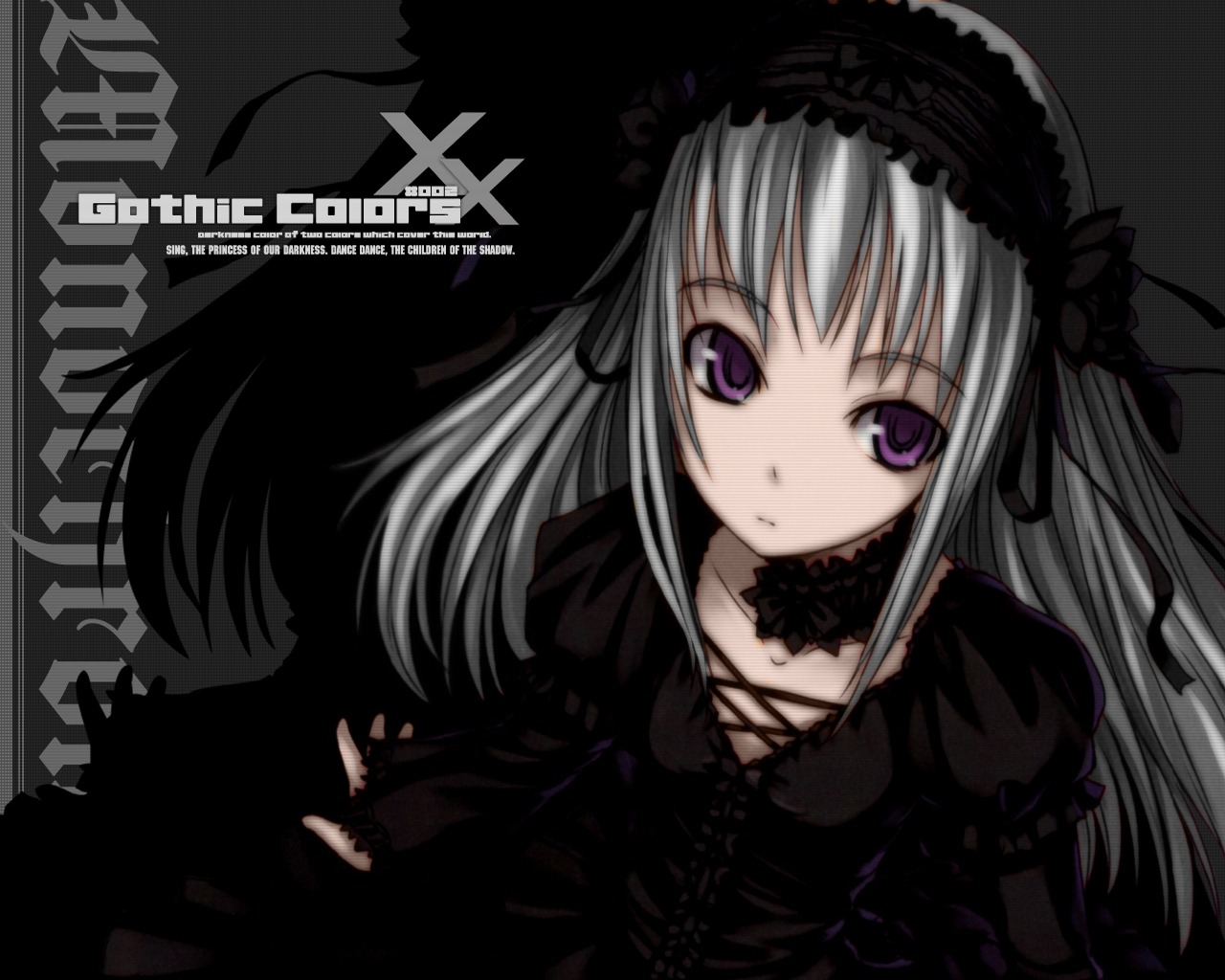 1girl black_dress black_ribbon detached_collar dress expressionless frills hairband image juliet_sleeves lolita_fashion lolita_hairband long_hair long_sleeves looking_at_viewer puffy_sleeves silver_hair solo suigintou text_focus upper_body wings