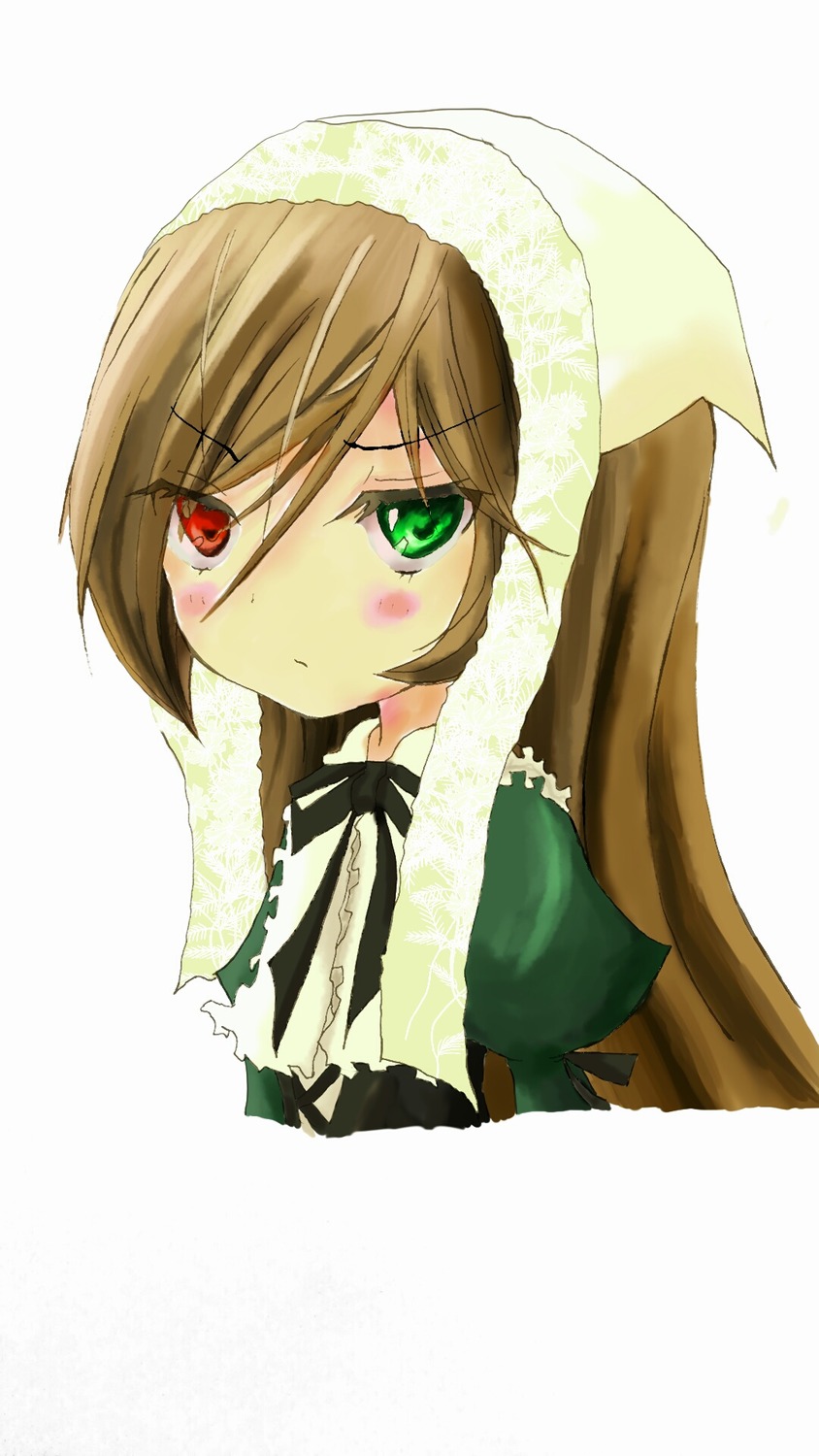 1girl bangs black_ribbon blush brown_hair dress frills green_dress green_eyes head_scarf heterochromia image long_hair long_sleeves looking_at_viewer red_eyes simple_background solo suiseiseki white_background