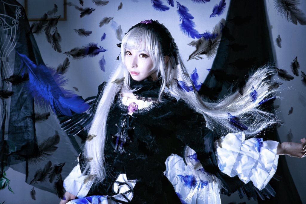 1girl animal bat bird black_dress black_feathers bug butterfly crow dove dress feathers flock flower gothic_lolita hairband insect lips lolita_fashion long_hair long_sleeves rose seagull silver_hair sky solo suigintou very_long_hair water