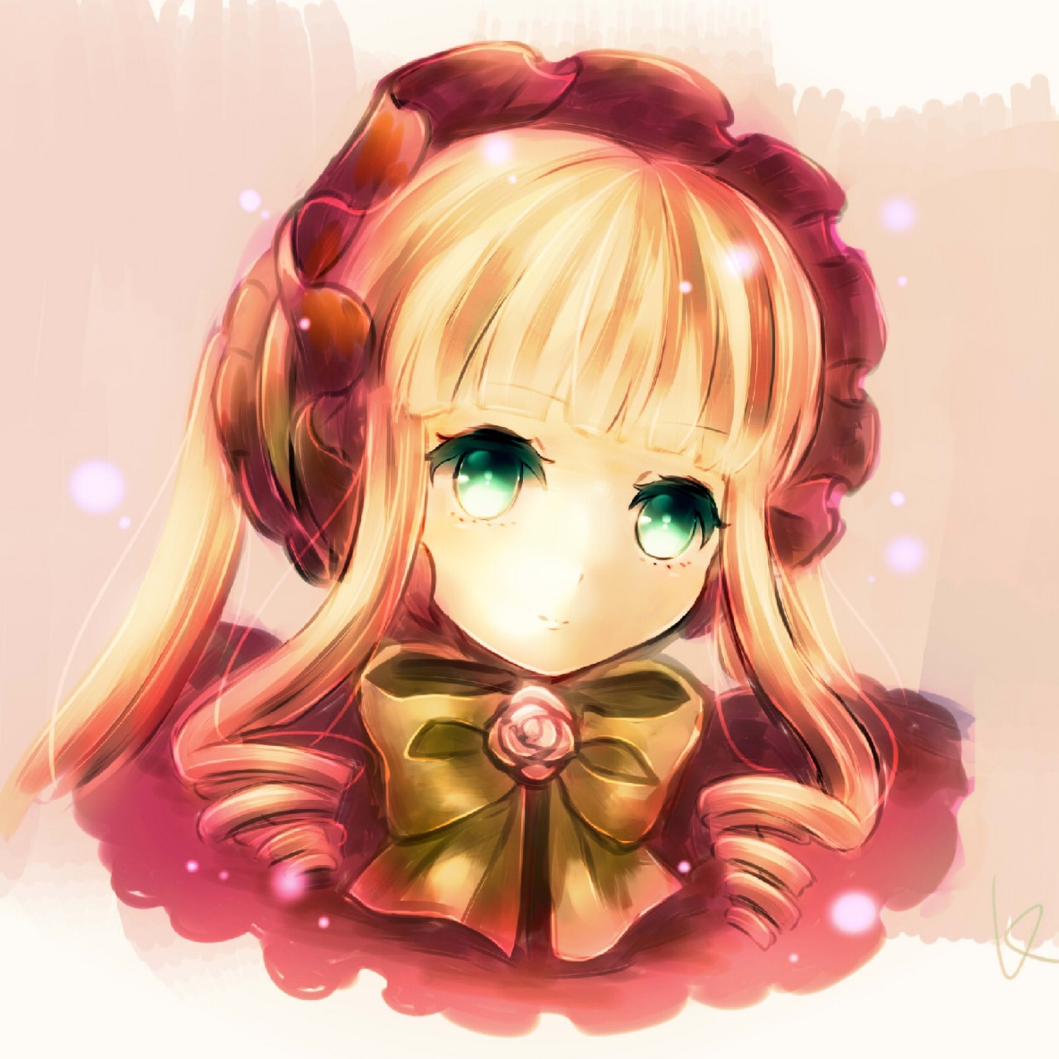 1girl bangs blonde_hair blunt_bangs bonnet bow drill_hair flower green_eyes image long_hair looking_at_viewer pink_flower pink_rose rose shinku smile solo twin_drills