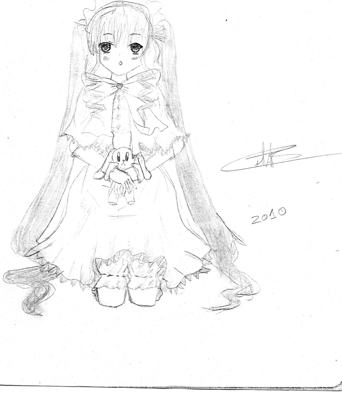 1girl dress greyscale image long_sleeves looking_at_viewer monochrome ribbon shinku solo standing