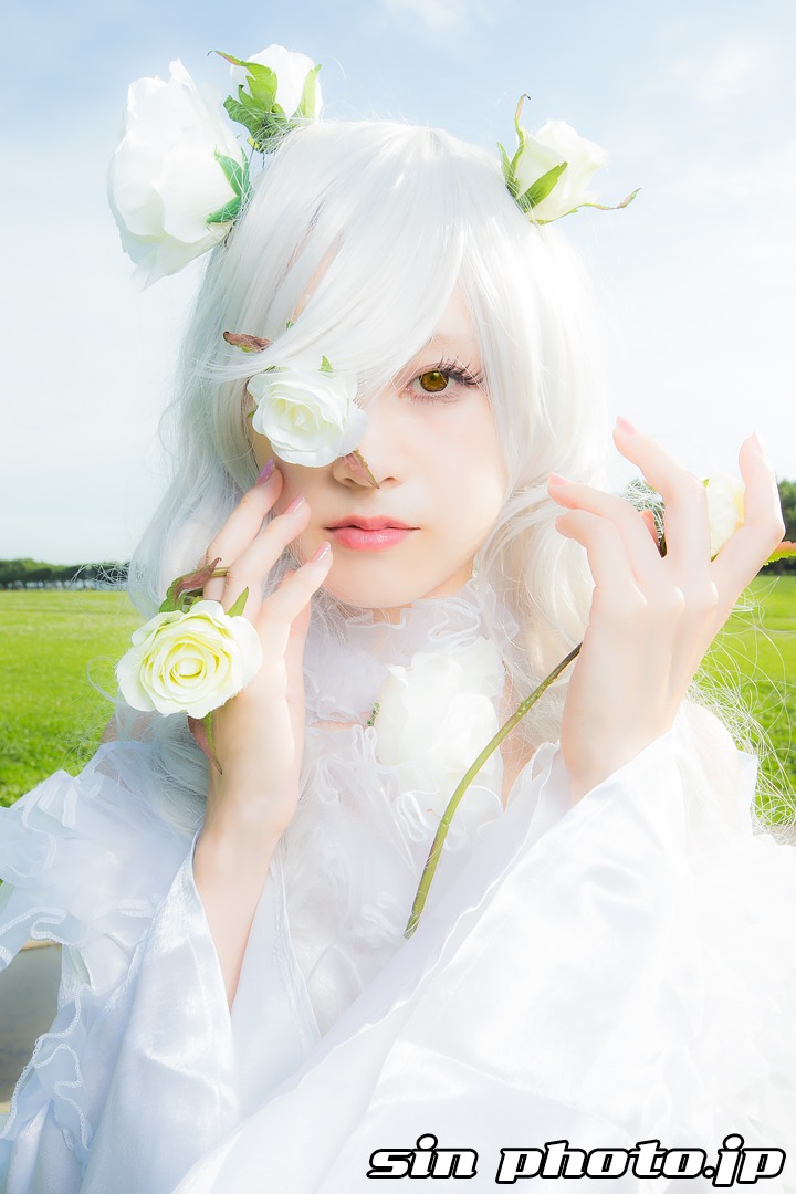 1girl artist_name bangs flower kirakishou lips looking_at_viewer nail_polish one_eye_covered rose solo striped white_flower white_hair white_rose yellow_eyes yellow_rose