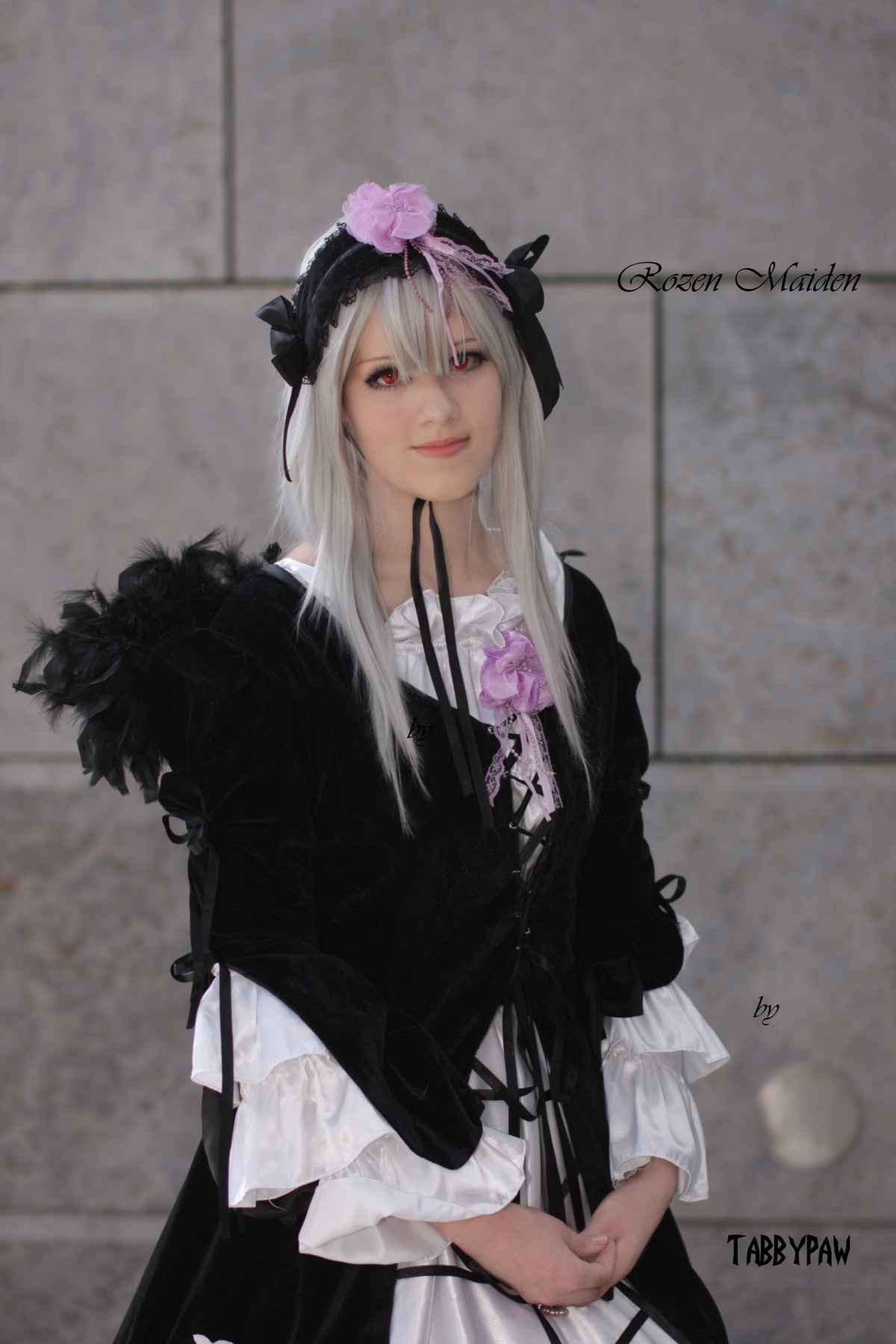 1girl artist_name black_dress blurry closed_mouth dress flower frills gothic_lolita hairband long_hair long_sleeves looking_at_viewer photo red_eyes solo suigintou