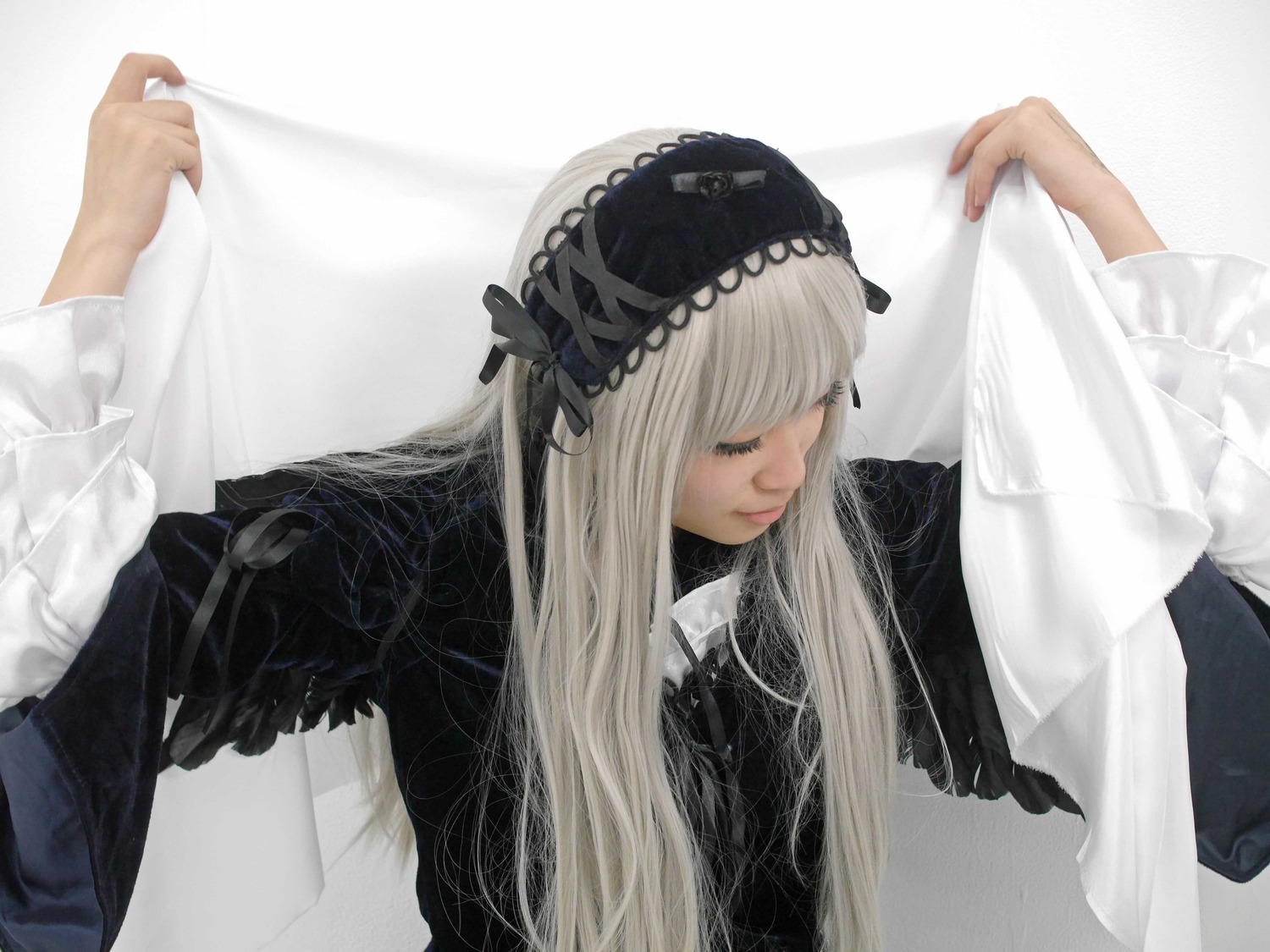 1girl bangs black_dress closed_eyes closed_mouth dress lace long_hair long_sleeves see-through solo suigintou upper_body white_hair