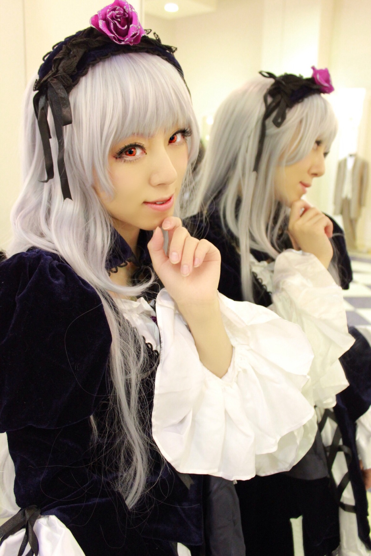 2girls dress flower gothic_lolita hairband lips lolita_fashion long_hair long_sleeves multiple_girls realistic red_eyes rose silver_hair solo suigintou white_hair