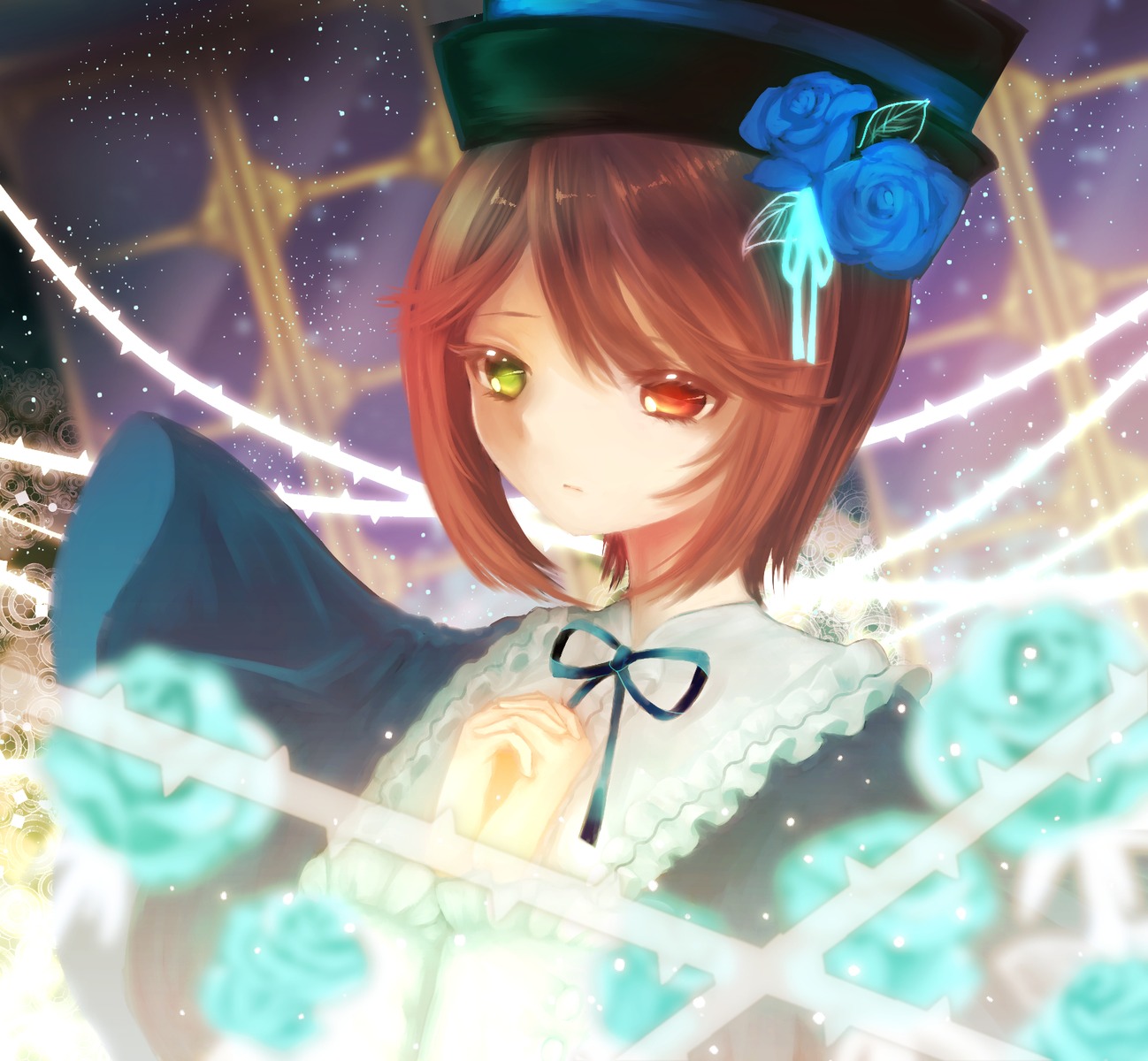 1girl blue_flower blue_ribbon blue_rose brown_hair dress flower hat heterochromia image red_eyes ribbon rose short_hair sky solo souseiseki star_(sky) starry_sky top_hat