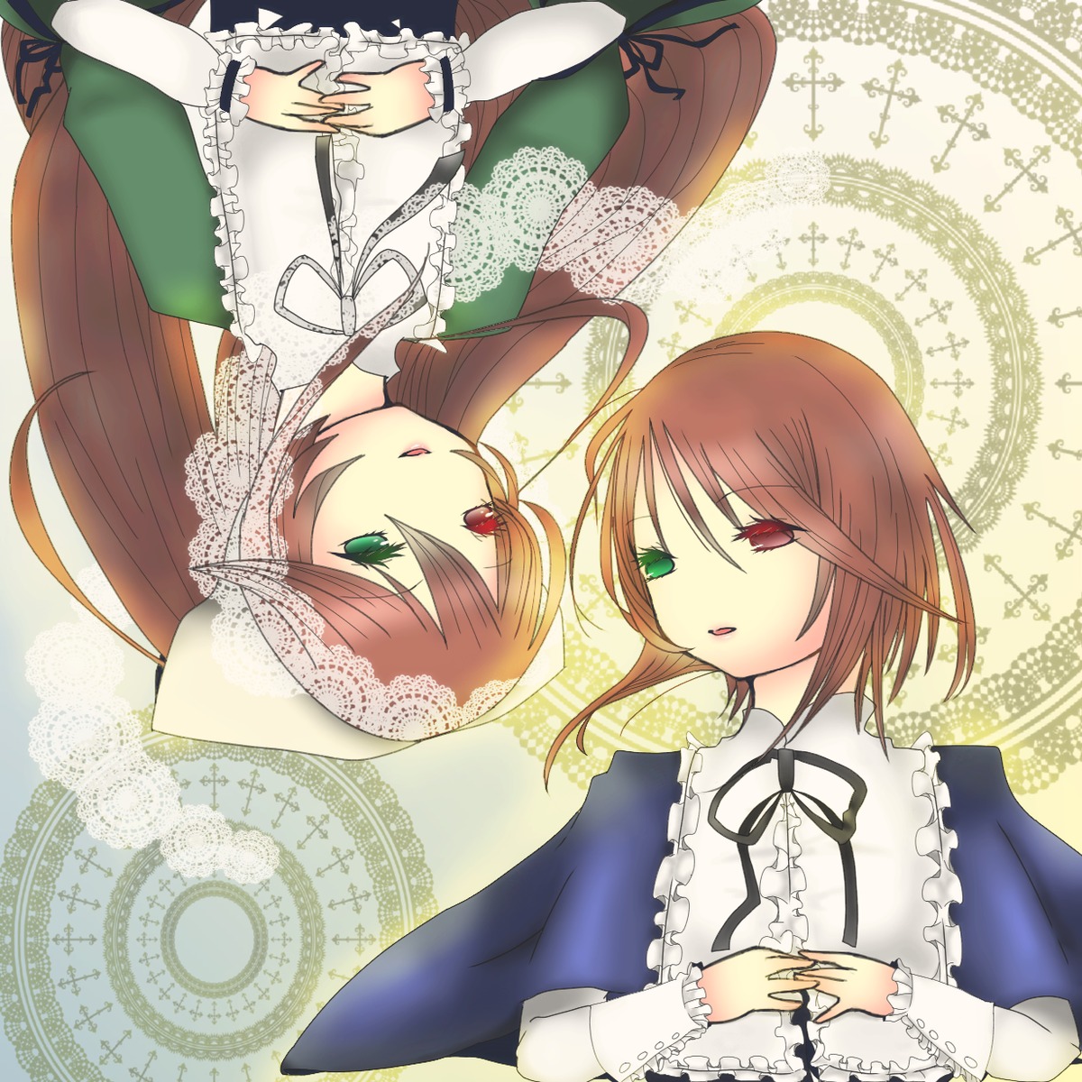 2girls brown_hair dress frills green_dress green_eyes head_scarf heterochromia image long_hair long_sleeves multiple_girls open_mouth own_hands_together pair red_eyes ribbon short_hair siblings sisters smile souseiseki suiseiseki twins