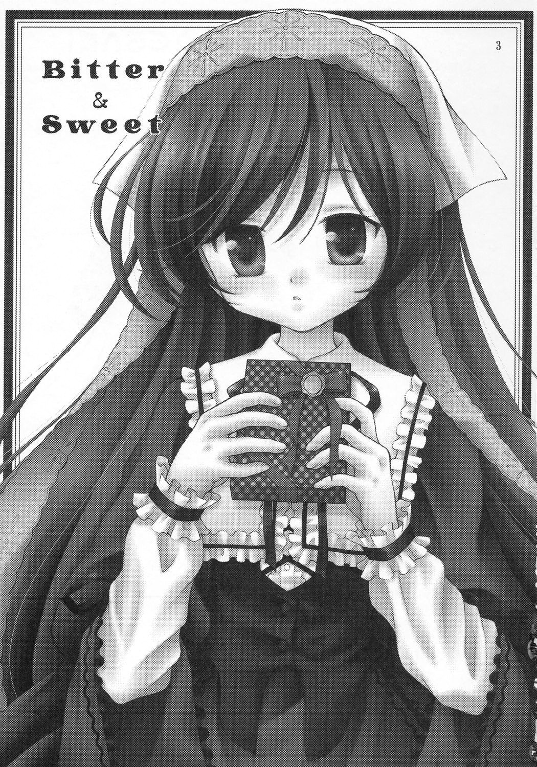 1girl auto_tagged blush dress frills gift greyscale holding holding_gift image long_hair long_sleeves looking_at_viewer monochrome solo suiseiseki traditional_media