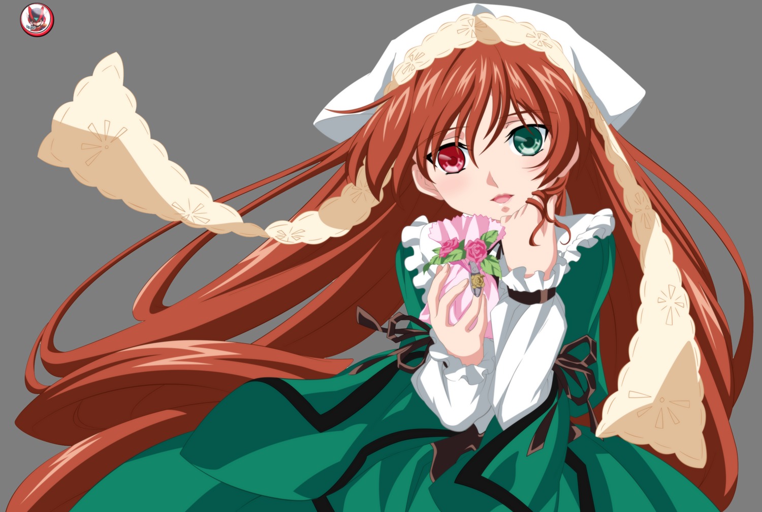 1girl auto_tagged bouquet brown_hair dress flower frills green_dress green_eyes hat head_scarf heterochromia image long_hair long_sleeves looking_at_viewer red_eyes simple_background solo suiseiseki very_long_hair white_background