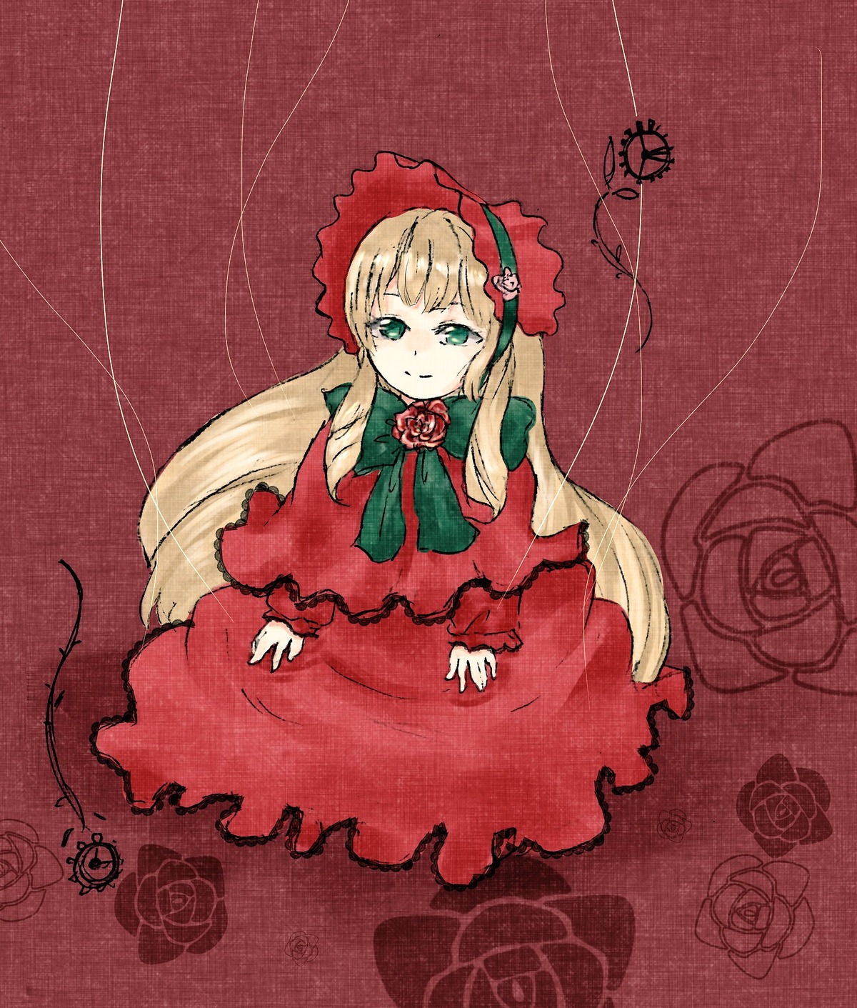 1girl blonde_hair bonnet bow bowtie dress flower green_bow green_eyes image long_hair long_sleeves pink_rose red_dress red_flower red_rose rose shinku solo thorns twintails