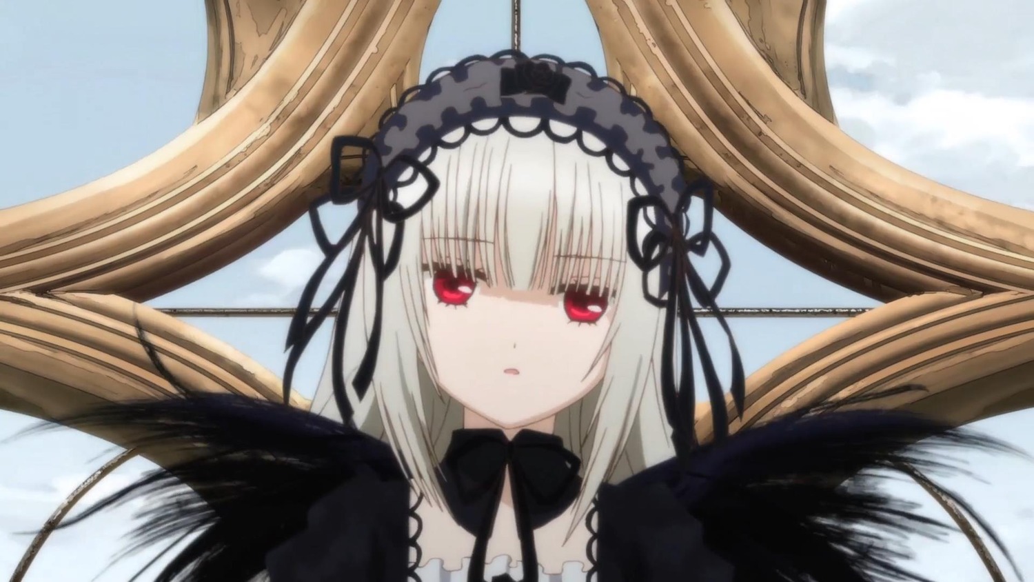 1girl bangs black_dress black_ribbon black_wings detached_collar dress feathered_wings feathers flower frills hairband image long_hair looking_at_viewer red_eyes ribbon silver_hair solo suigintou wings