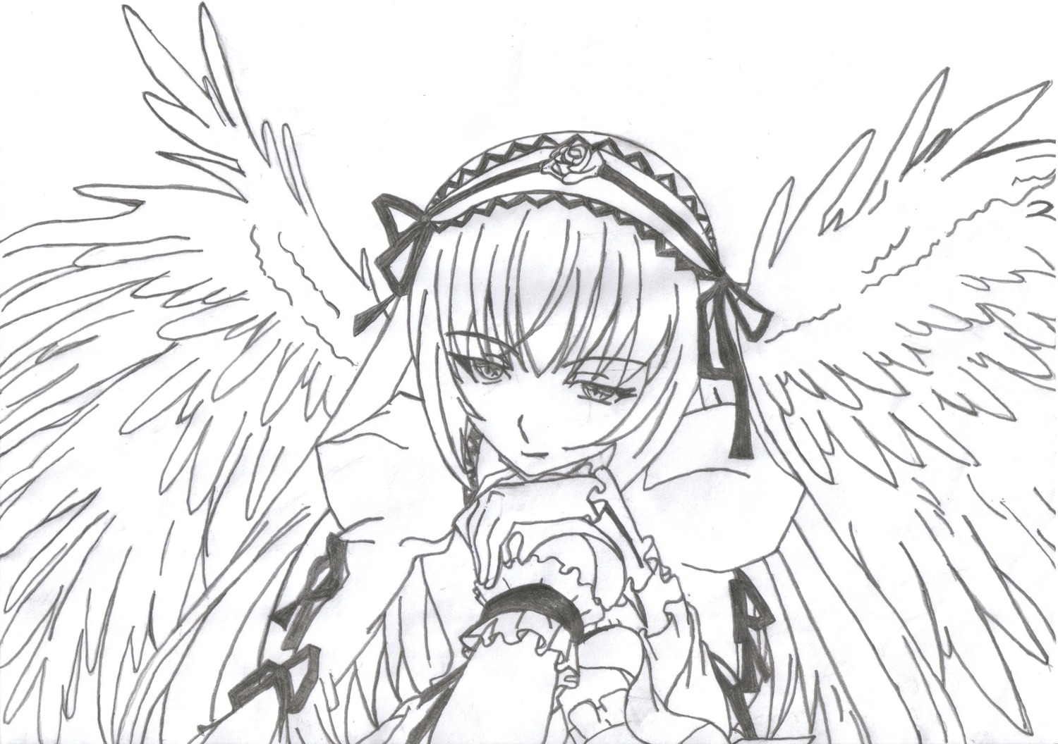 1girl angel_wings dress feathered_wings feathers frills greyscale hairband image long_hair long_sleeves looking_at_viewer monochrome ribbon rose simple_background solo suigintou upper_body white_background wings