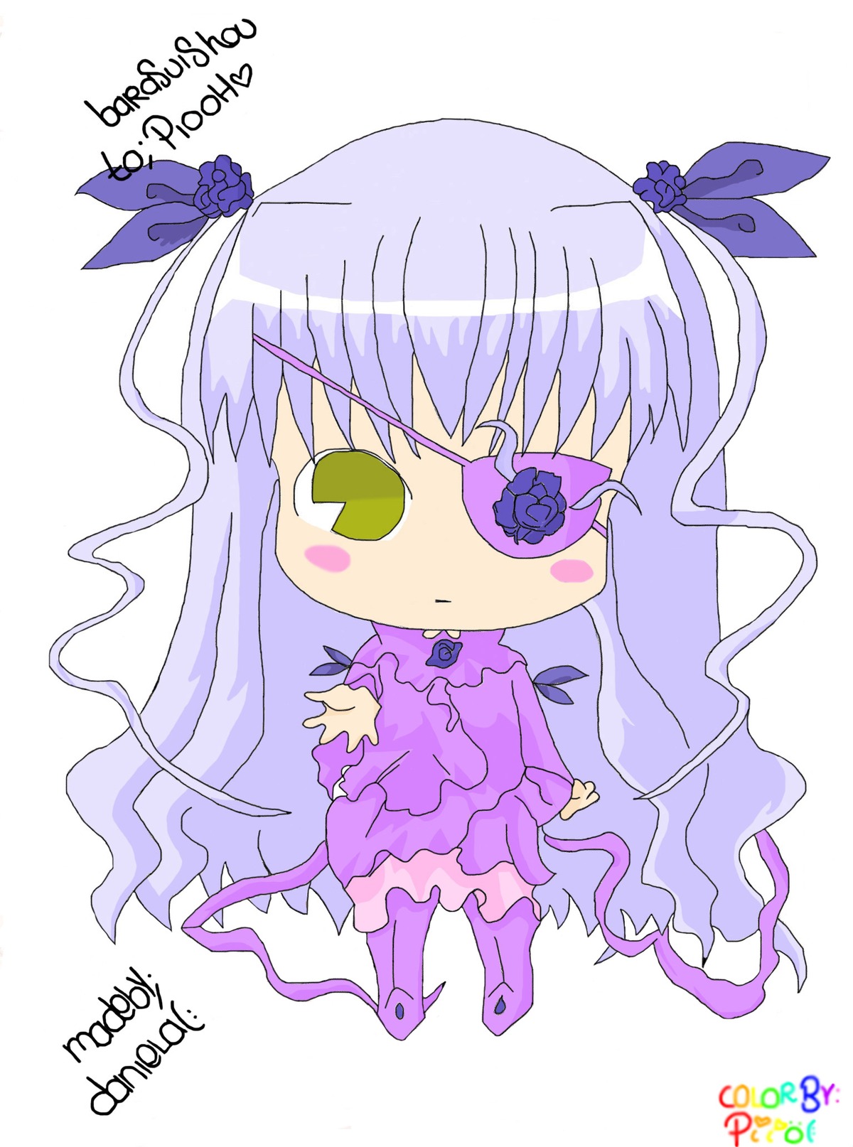 1girl :< artist_name barasuishou character_name chibi dated dress eyepatch flower full_body hair_ribbon image long_hair long_sleeves purple_dress purple_legwear ribbon rose signature solo standing striped vertical_stripes