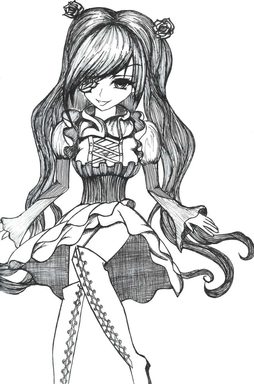 1girl boots cross-laced_footwear dress greyscale hair_ornament image kirakishou long_hair long_sleeves looking_at_viewer monochrome smile solo striped thighhighs