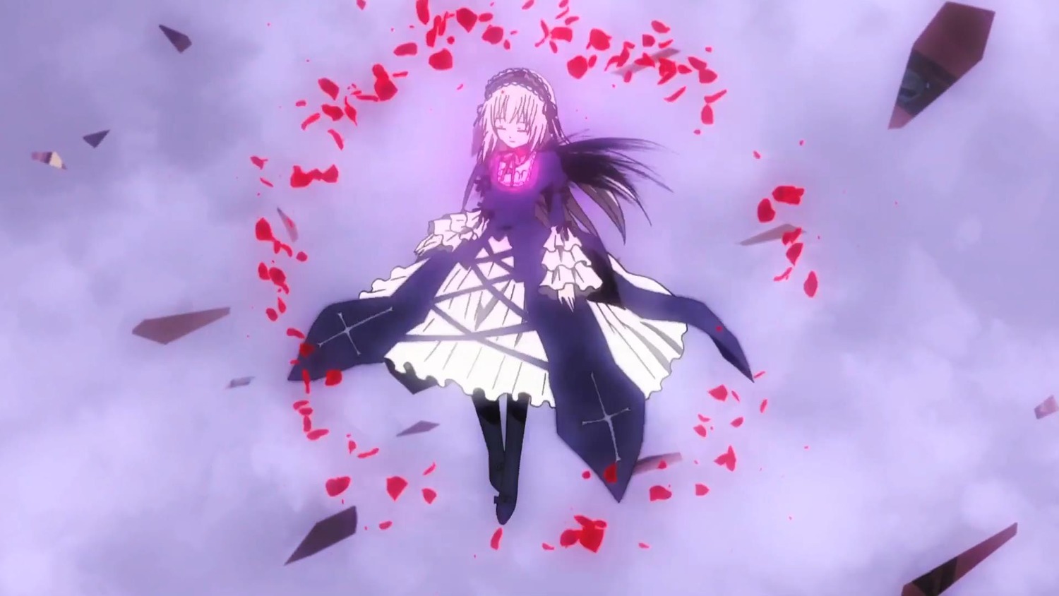 1girl black_dress closed_eyes dress flower frills full_body hairband image long_hair long_sleeves lying petals solo suigintou