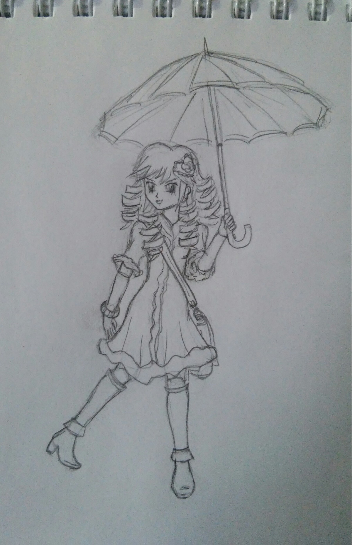 1girl boots dress drill_hair frog_hair_ornament full_body greyscale hair_ornament hinaichigo holding_umbrella image kochiya_sanae monochrome parasol rain ringlets solo standing traditional_media twin_drills umbrella