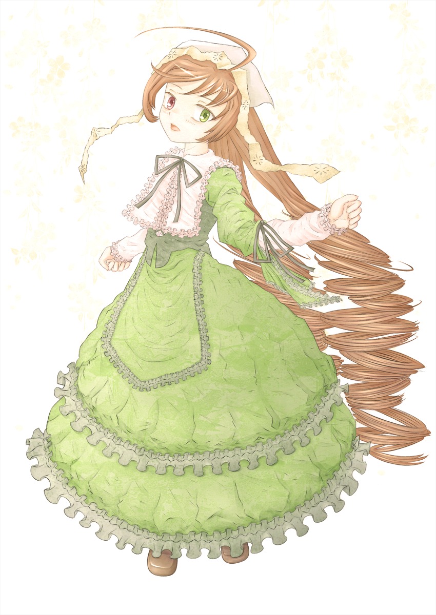 1girl brown_hair dress drill_hair frills full_body green_dress green_eyes hat heterochromia image long_hair long_sleeves looking_at_viewer red_eyes ribbon solo standing suiseiseki twin_drills very_long_hair white_background