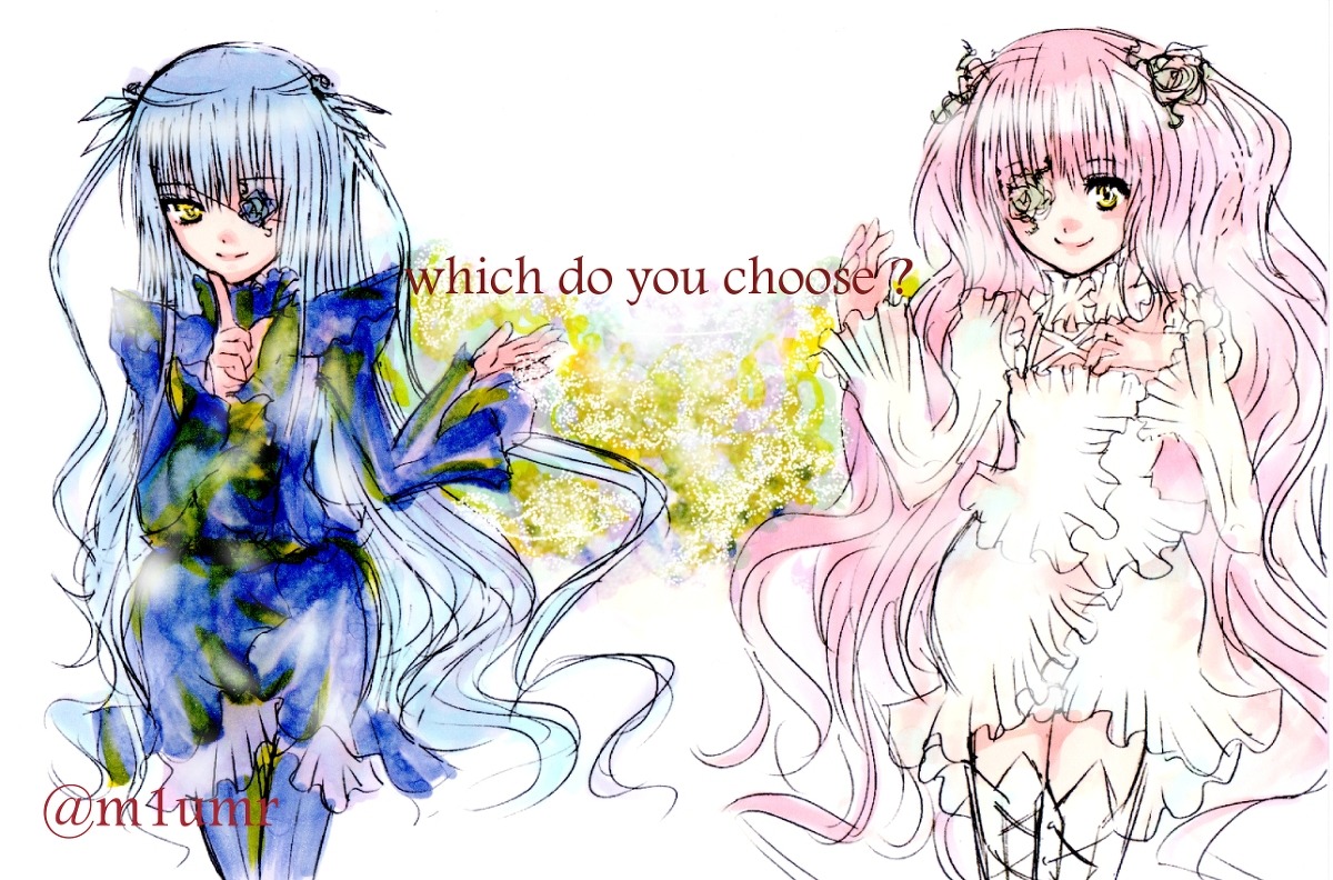 2girls barasuishou dress flower image kirakishou long_hair long_sleeves multiple_girls pair pink_hair smile two_side_up ultimate_madoka very_long_hair white_dress wings yellow_eyes