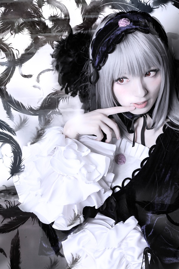 1girl dress feathers flower frills gothic_lolita hairband lolita_fashion long_hair long_sleeves looking_at_viewer rose smile solo suigintou