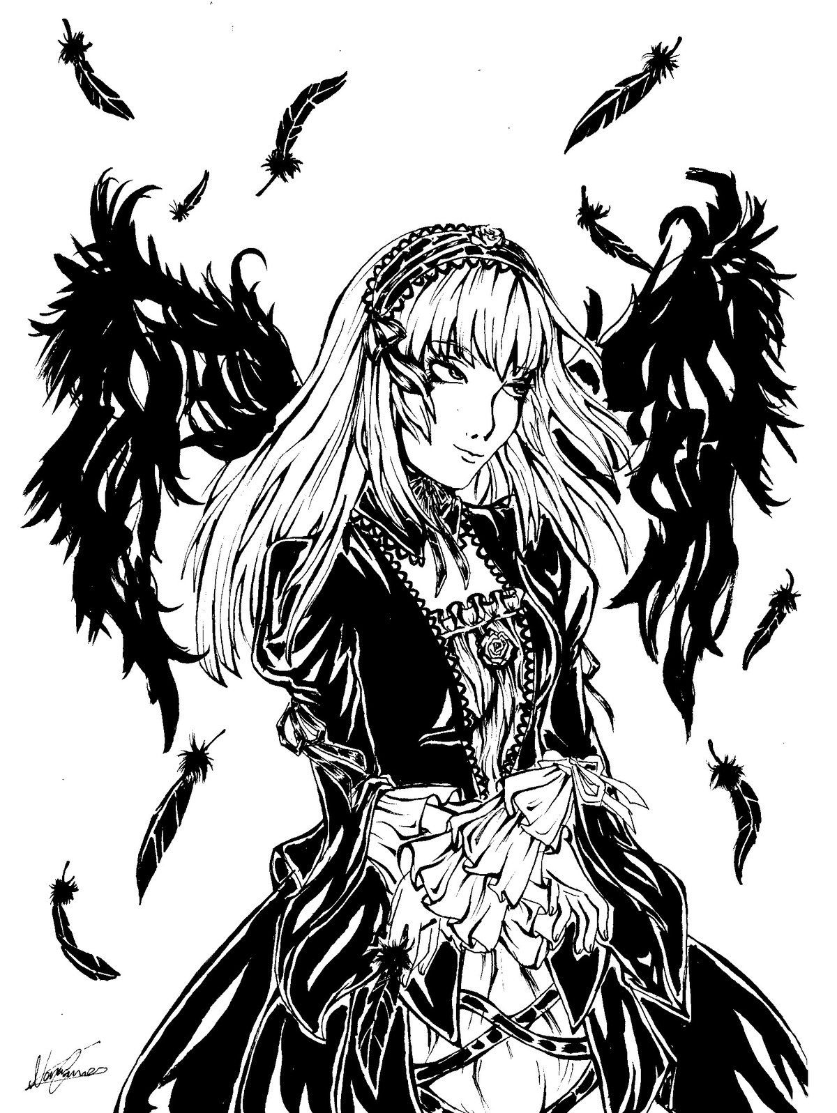 1girl bird bird_on_shoulder black_feathers black_wings crow dove eagle feathered_wings feathers gothic_lolita greyscale hairband image lolita_fashion lolita_hairband long_hair long_sleeves looking_at_viewer monochrome seagull signature smile solo suigintou white_background white_feathers wings
