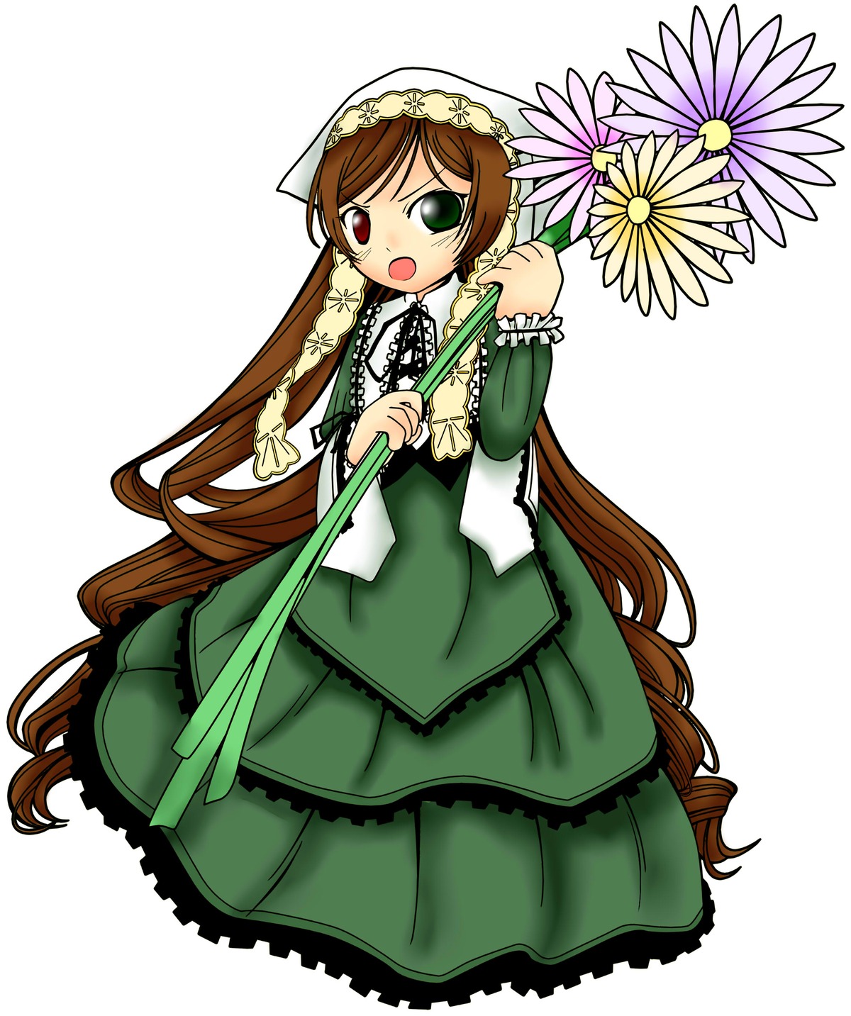 1girl brown_hair dress drill_hair flower frills full_body green_dress green_eyes head_scarf heterochromia holding image long_hair long_sleeves looking_at_viewer open_mouth red_eyes simple_background solo suiseiseki twintails very_long_hair watering_can white_background