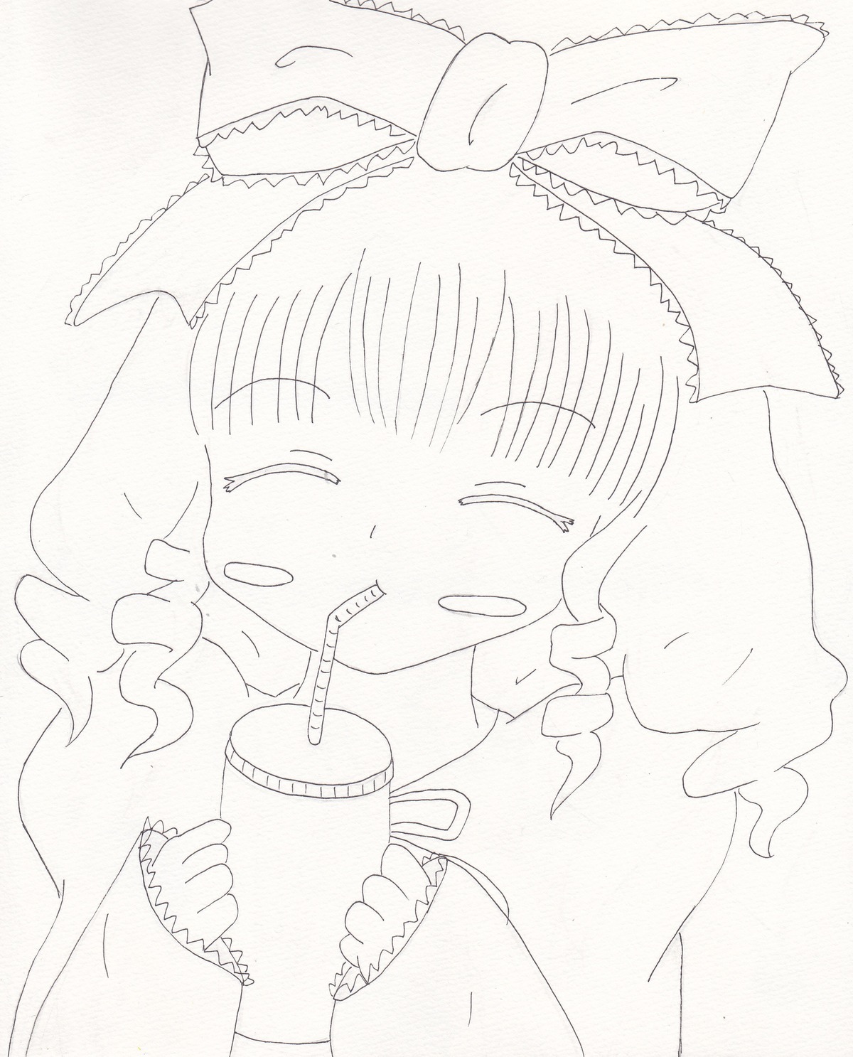 1girl blush bow closed_eyes frills hair_bow halftone hinaichigo image kagiyama_hina long_sleeves monochrome ribbon solo