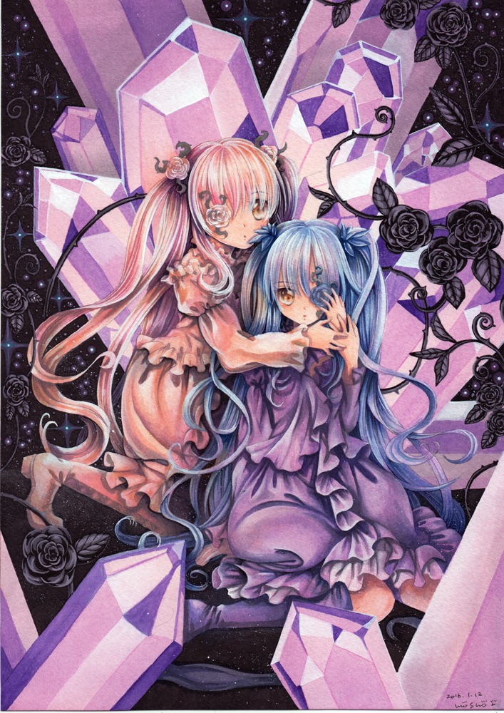 2girls auto_tagged barasuishou bow dress eyepatch flower frills hair_ornament image kirakishou long_hair multiple_girls pair pink_hair rose sitting smile traditional_media twintails very_long_hair watercolor_(medium)