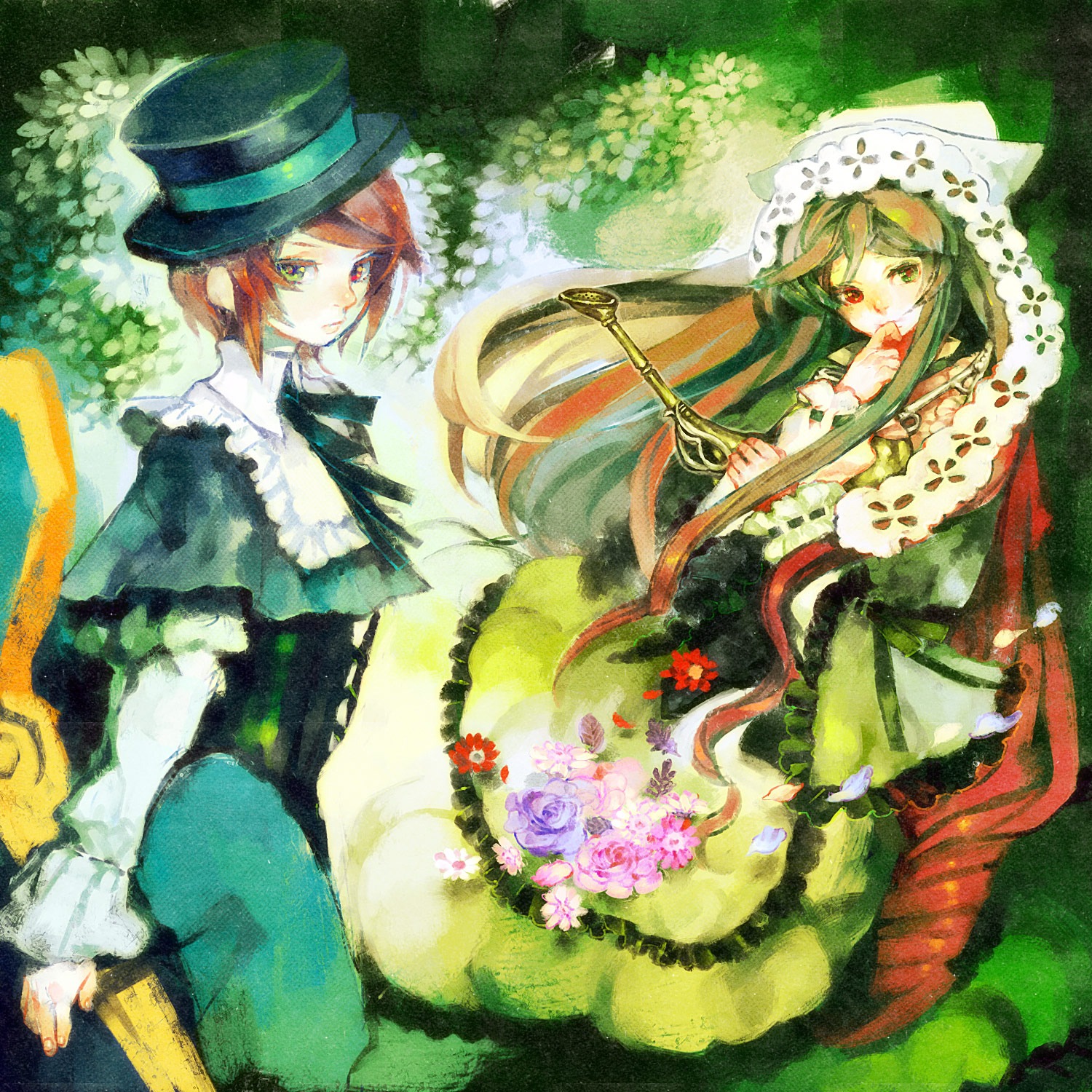 2girls bad_id bad_pixiv_id blue_dress bow brown_hair dress flower frills green_dress hairband hat heterochromia highres image long_hair multiple_girls out_(sxd) pair red_eyes rose rozen_maiden scissors short_hair siblings sisters souseiseki suiseiseki top_hat twins very_long_hair watering_can