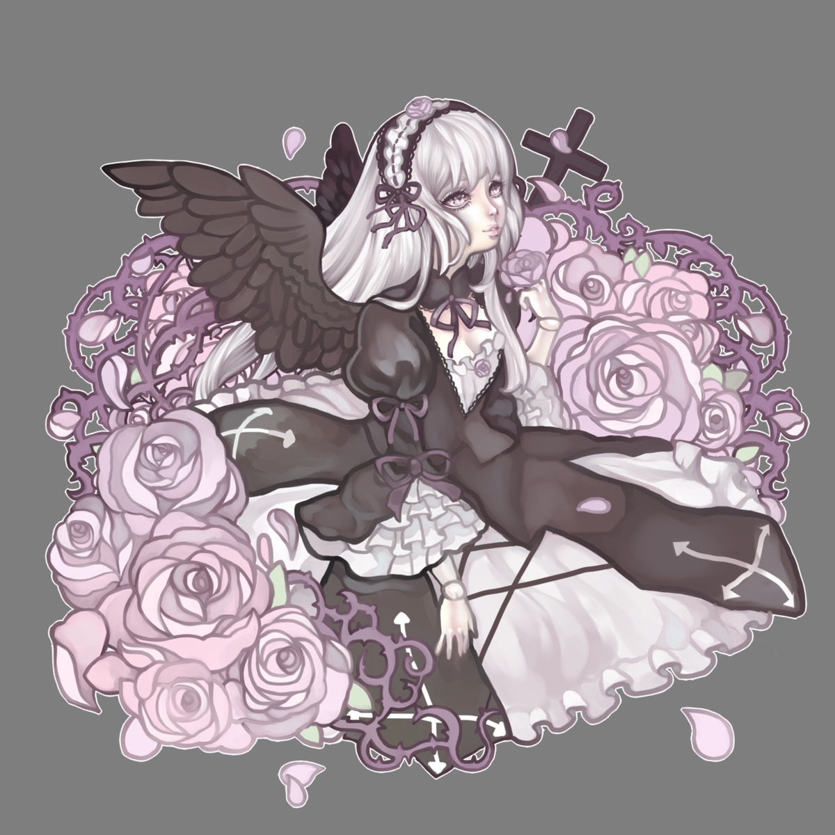 1girl black_wings dress feathered_wings flower frills full_body gothic_lolita hairband image lolita_fashion long_hair long_sleeves pink_flower pink_rose ribbon rose silver_hair solo suigintou transparent_background wings