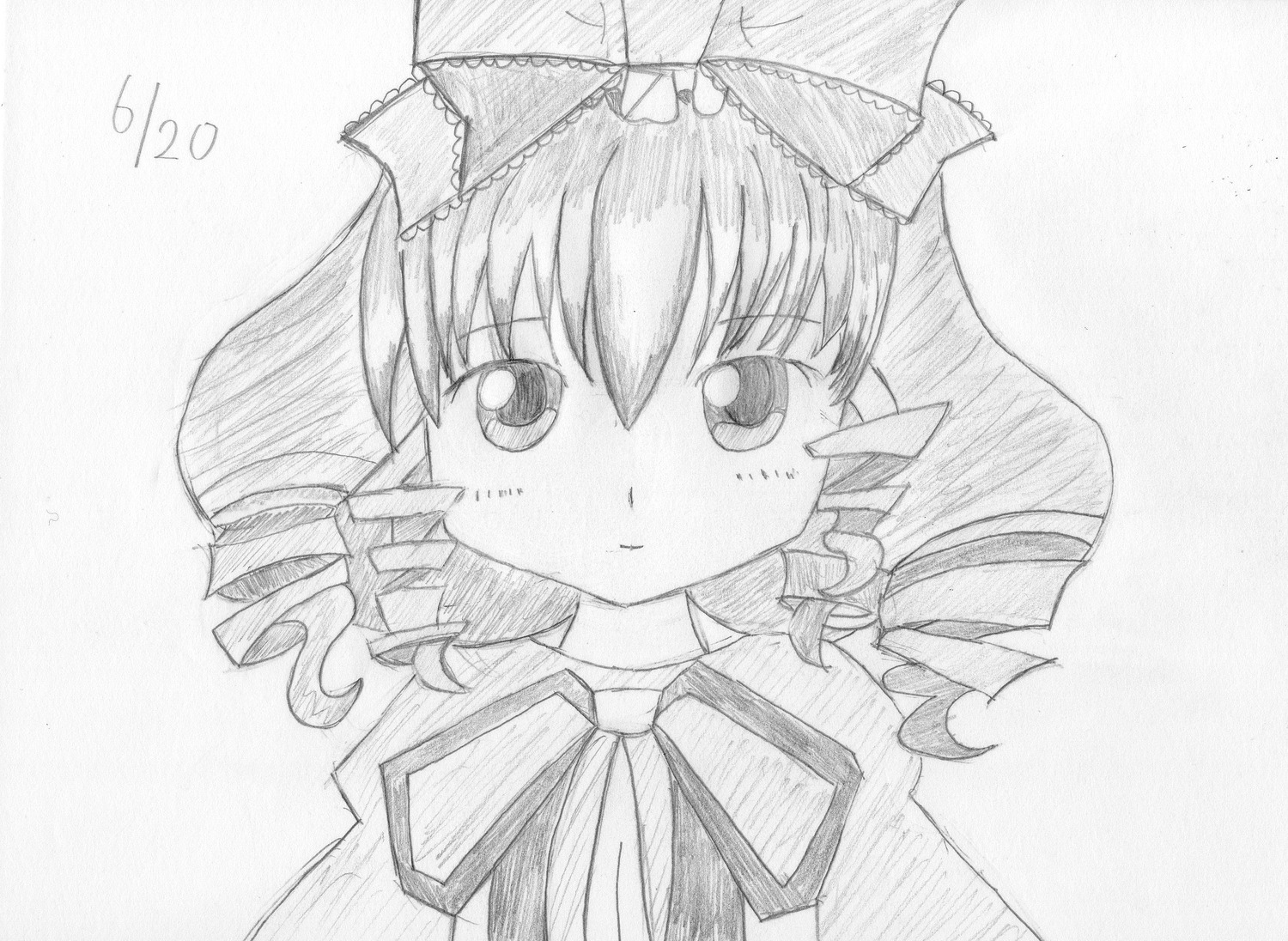 1girl blush bow drill_hair eyebrows_visible_through_hair graphite_(medium) greyscale hinaichigo image looking_at_viewer monochrome ribbon solo traditional_media twin_drills