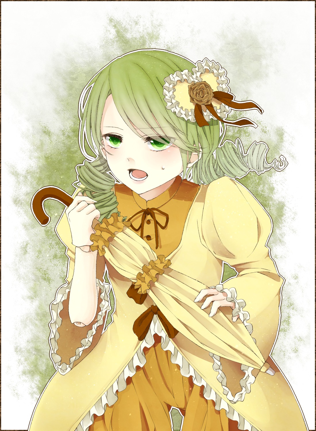 1girl dress drill_hair flower frills green_eyes green_hair hair_ornament image kanaria long_sleeves open_mouth solo twin_drills