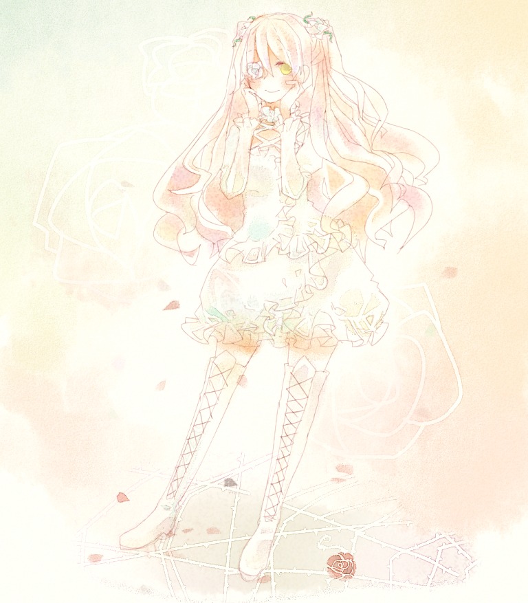 1girl boots cross-laced_footwear dress flower frills green_eyes hair_ornament hatsune_miku image kirakishou long_hair pink_hair smile solo thigh_boots thighhighs very_long_hair