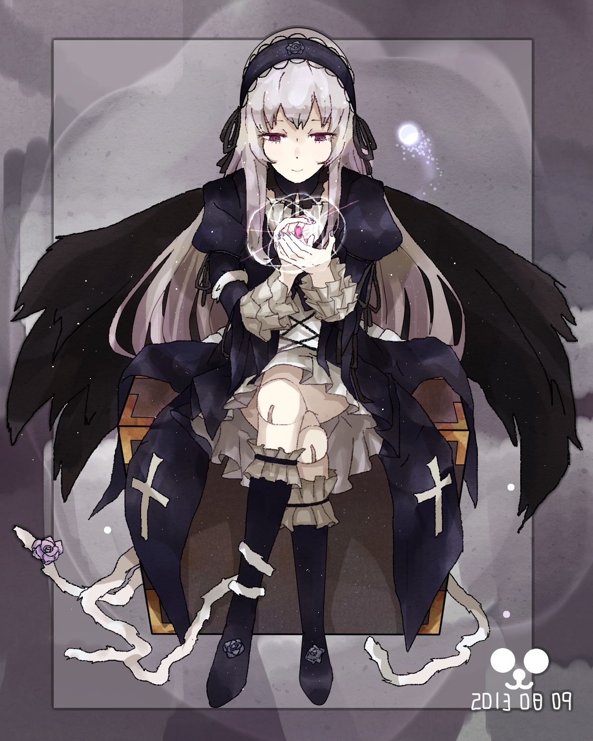 1girl black_dress black_wings boots doll_joints dress flower frills hairband image joints long_hair long_sleeves looking_at_viewer silver_hair sitting solo suigintou very_long_hair wings