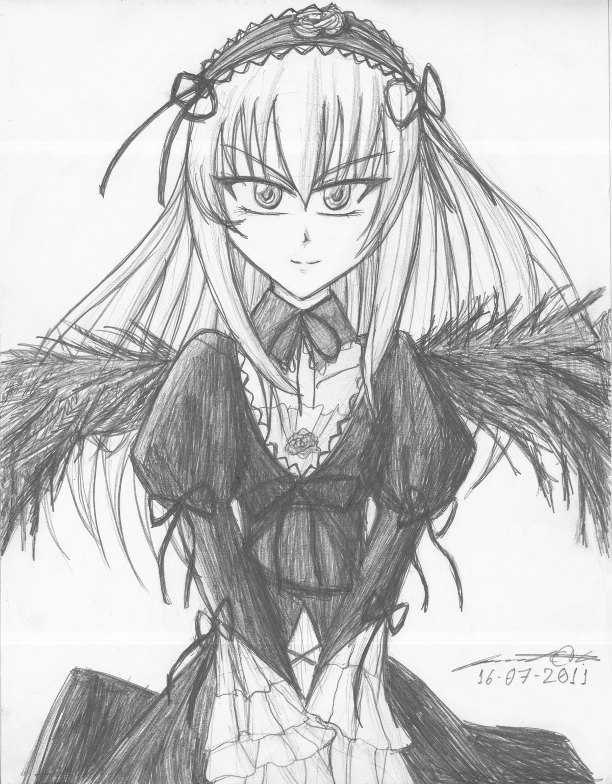 1girl closed_mouth dress frills graphite_(medium) greyscale hairband image lolita_hairband long_hair long_sleeves looking_at_viewer monochrome signature solo suigintou traditional_media wings