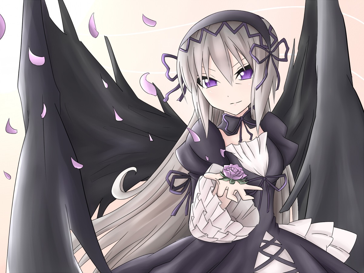 1girl choker dress flower gothic_lolita hairband image lolita_fashion long_hair petals purple_eyes ribbon rose rose_petals solo suigintou wings