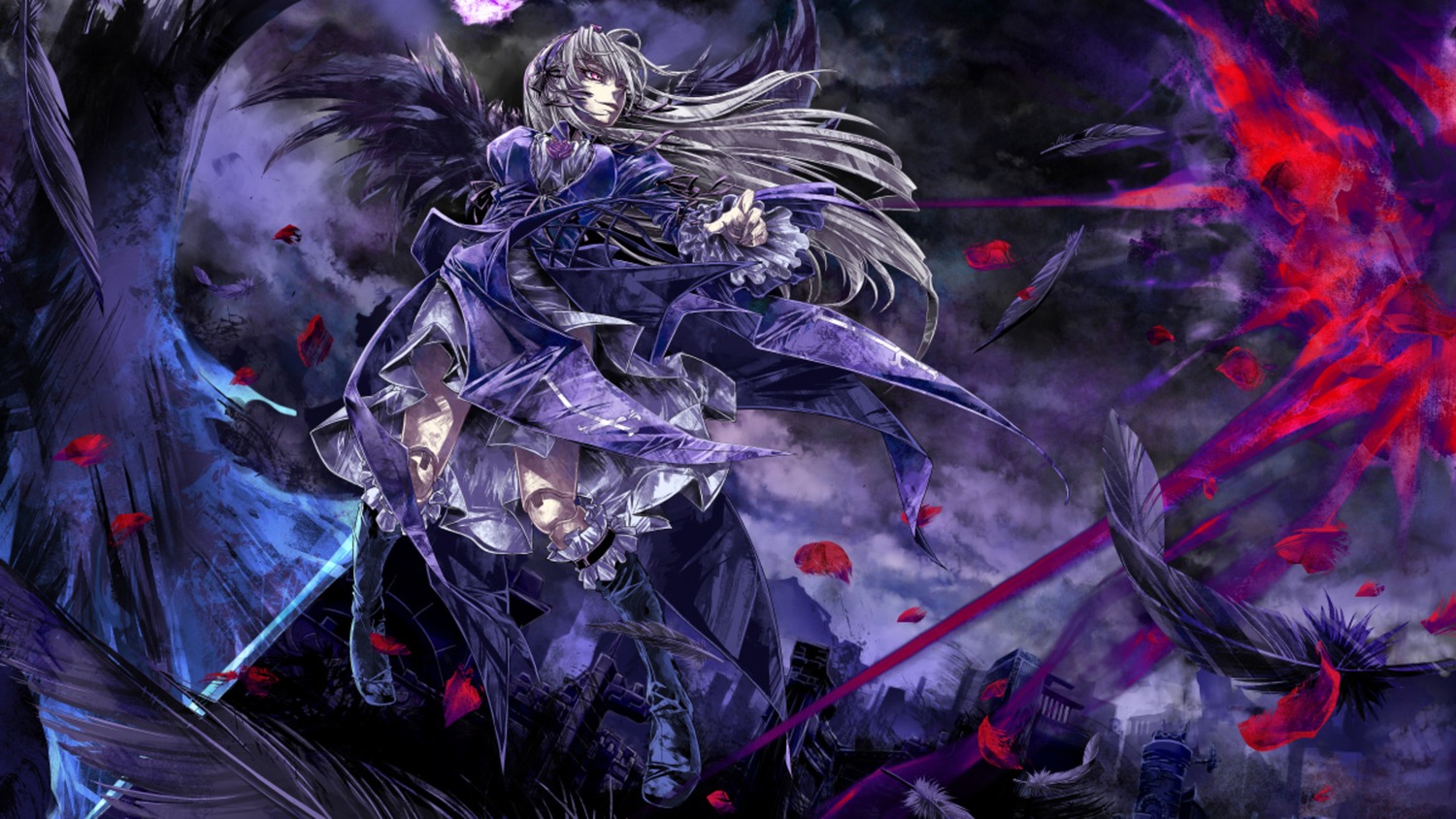 armor bird feathers flower image long_hair multiple_boys petals solo suigintou sword weapon wings