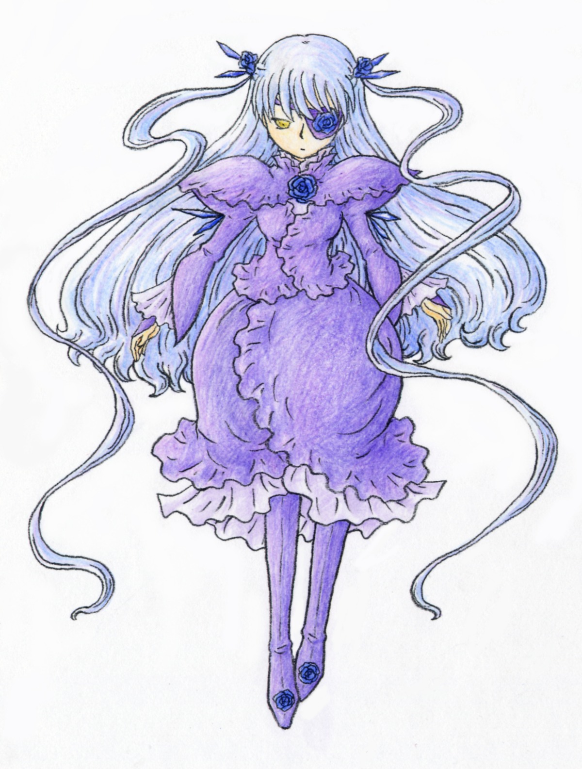 1girl barasuishou blue_flower blue_rose boots dress expressionless flower full_body image knee_boots long_hair long_sleeves pantyhose purple_dress ribbon rose solo standing striped vertical_stripes very_long_hair yellow_eyes