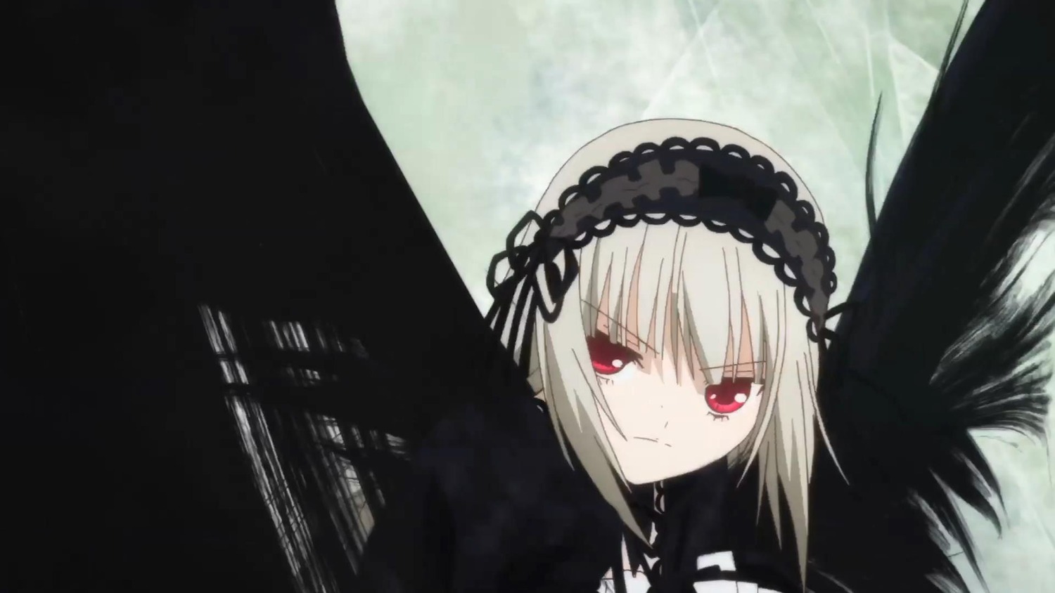 1girl bangs black_ribbon black_wings closed_mouth dress eyebrows_visible_through_hair frills hairband image long_hair looking_at_viewer outdoors red_eyes ribbon silver_hair solo suigintou