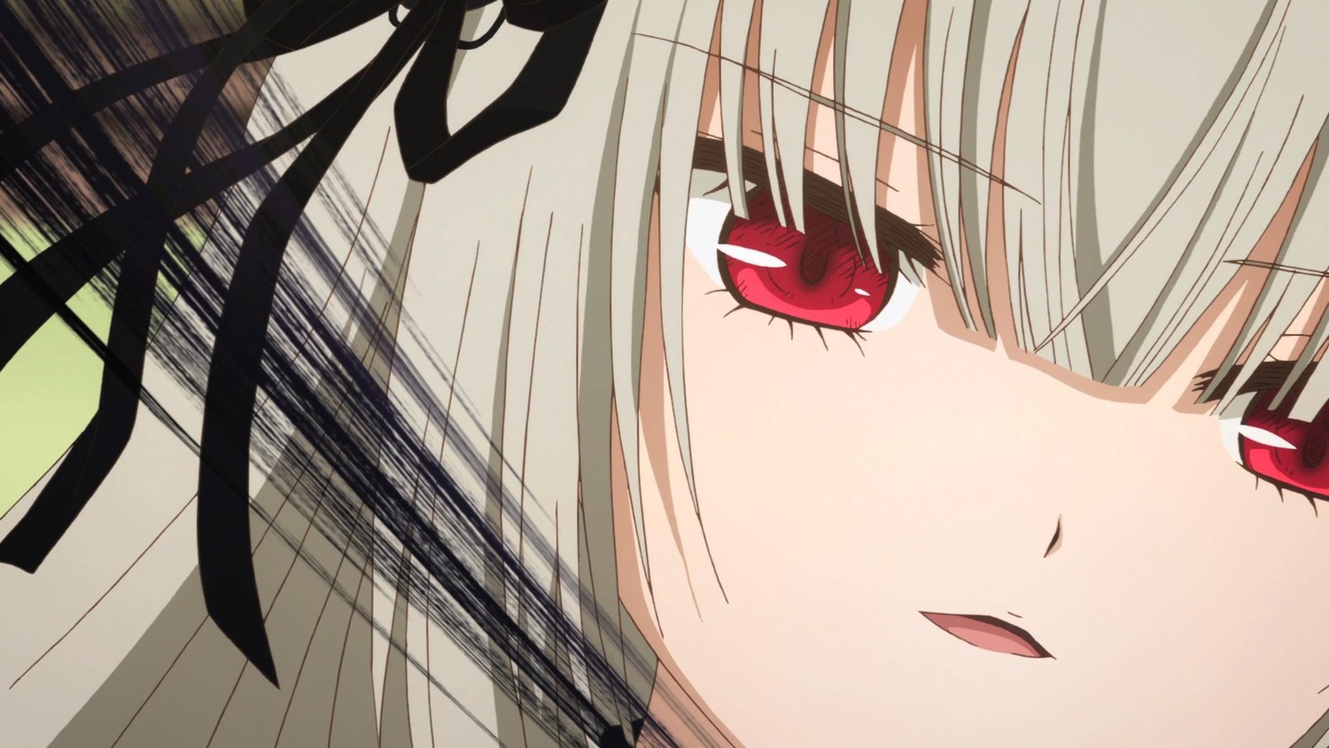 1girl auto_tagged bangs close-up eyebrows_visible_through_hair face image looking_at_viewer open_mouth red_eyes ribbon simple_background solo suigintou