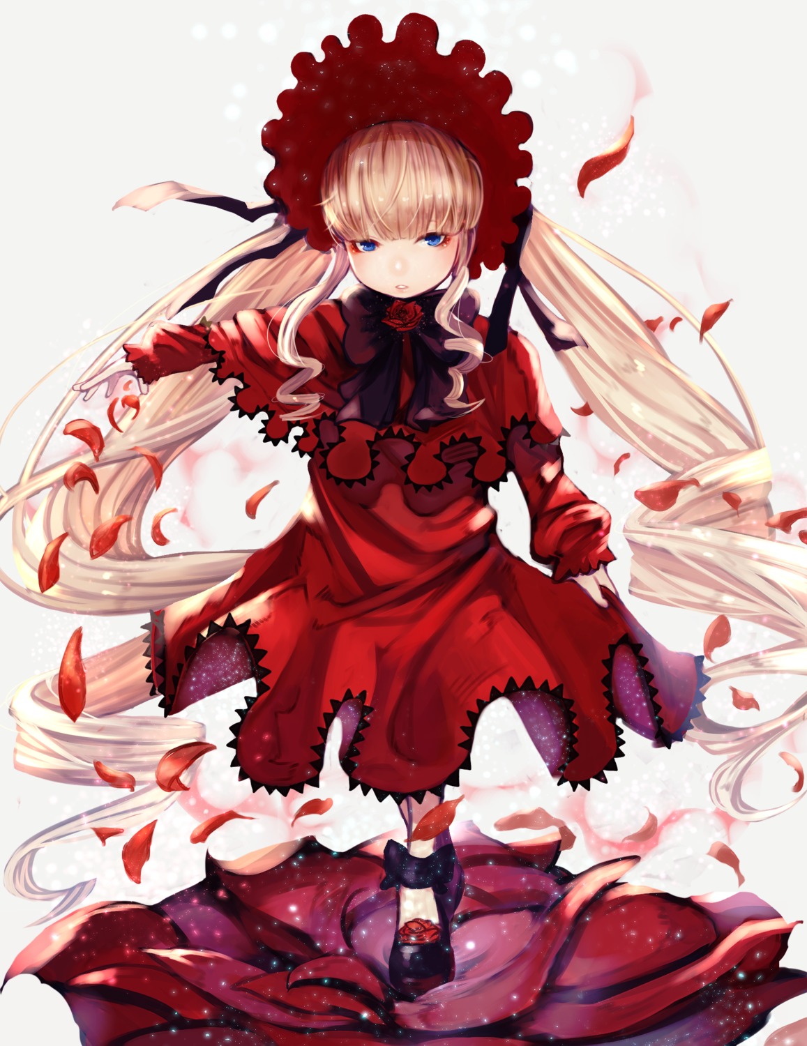 1girl bangs blonde_hair blue_eyes bonnet bow capelet dress flower grey_background image long_hair long_sleeves looking_at_viewer petals red_capelet red_dress rose rose_petals shinku solo standing twintails very_long_hair